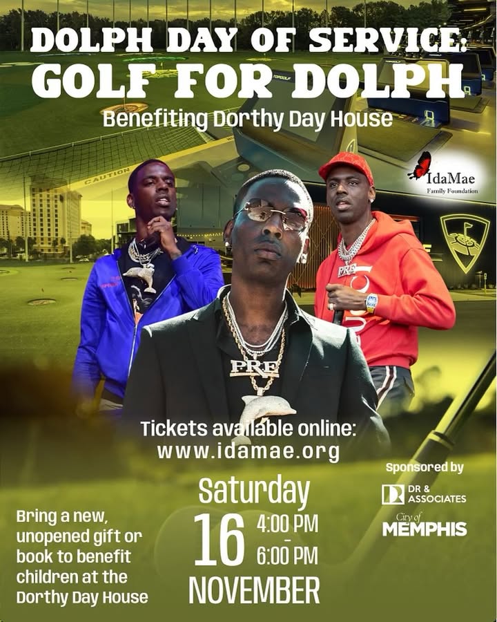Join us for a weekend of giving back and supporting the local community for Dolph Day of Service 🐬 during the weekend of November 17th.
This year, the foundation is hosting two events in the city of Memphis: Golf for Dolph Fundraiser benefiting Dorothy Day House and a Community Resource Fair to provide resources to the community along with food donations.
Join us and get more information on how to support the foundation efforts and ways to continue Young Dolph Legacy. All support is appreciated! Link in bio!!!