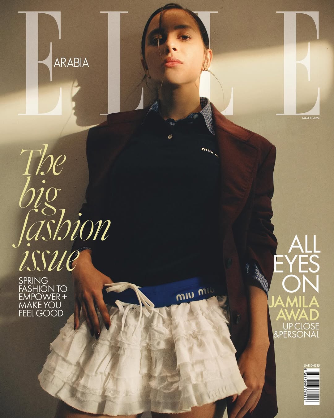 Egyptian Cinema Darling, Jamila Awad brings her cool girl touch to our cover this March, with her bold attitude and a wicked talent to match. The young star opens up to ELLE Arabia about taking on taboo roles and what she plans on doing next.
As we head into Spring, this March bumper issue brings you our comprehensive annual SS24 Trends Guide for the latest in Fashion, Beauty and Accessories - blooms, shine and lots of color reign supreme, setting the stage for positivity and individuality in both style and attitude.
Our Coverstars Jamila Awad @jamilaawad
wearing Miu Miu SS24 Collection @miumiu
Publisher & Group Editor: Valia Taha @valiataha
Editor in Chief: Dina Spahi @dinaspahi
Senior Editor: Dina Kabbani @dinakabbani
Photographer: Michel Takla @micheltakla_
Stylist/ Creative Direction: Kate Hazell @kateahazell
Production Coordinator: Farah Abdin @farahabdin
Makeup: Julia Rada @julia.rada
Hair: Deena Alawaid @deenaalawaid
Fashion Assistant: Rejie Lumaghan Tanghian
Location: The Flying Saucer, Sharjah