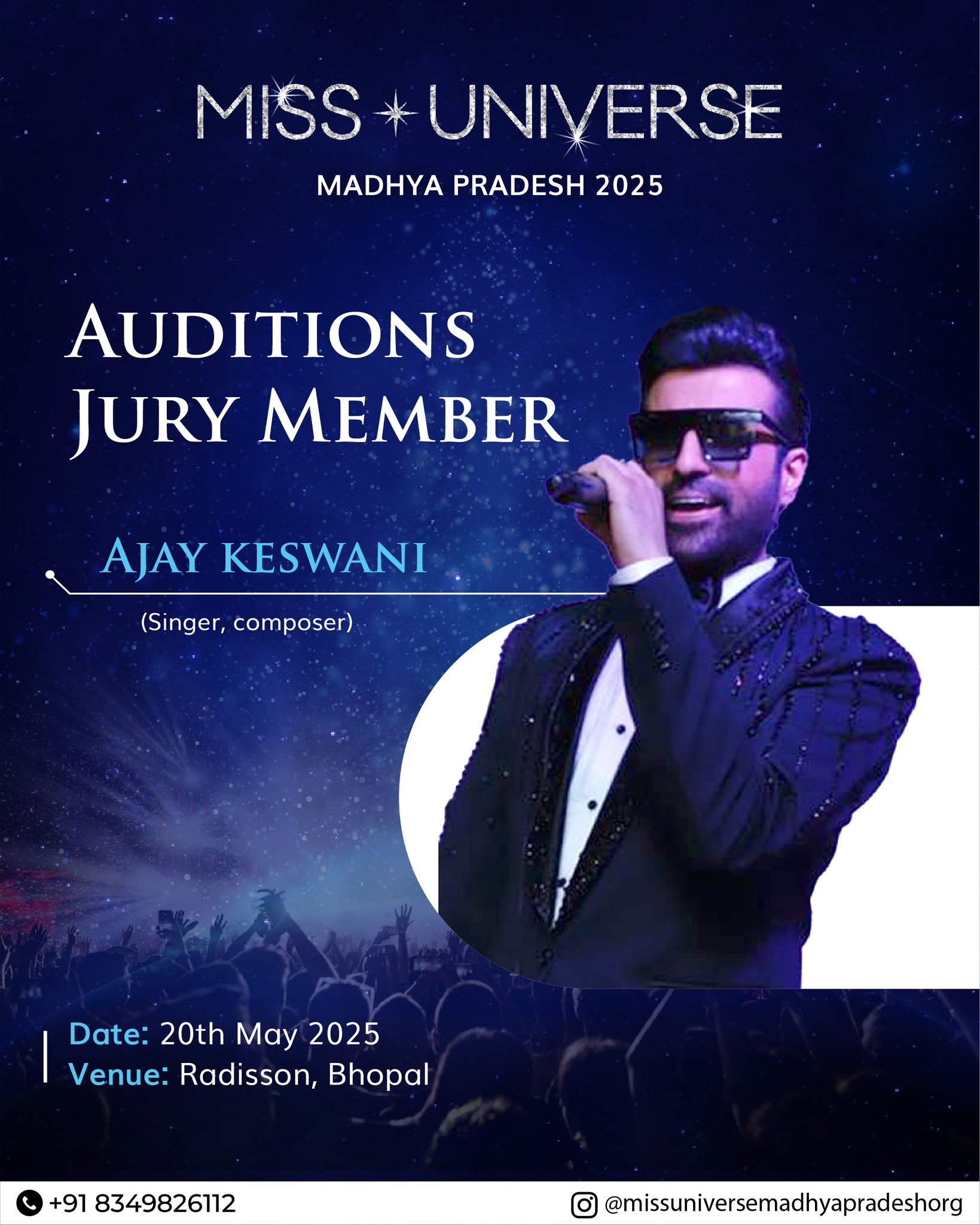 @ajaykeswaniofficial (Singer & Composer) joins the jury for the Miss Universe Madhya Pradesh 2025 auditions. Tomorrow at Radisson, Bhopal.👑
#missuniversemp #beautypageant2025 #missuniverse #missuniverseindia #raddisonbhopal #madhyapradesh #auditioncall #bhopal #beautypageant #missindia #missuniverseauditions #missuniversemadhyapradeshaudition