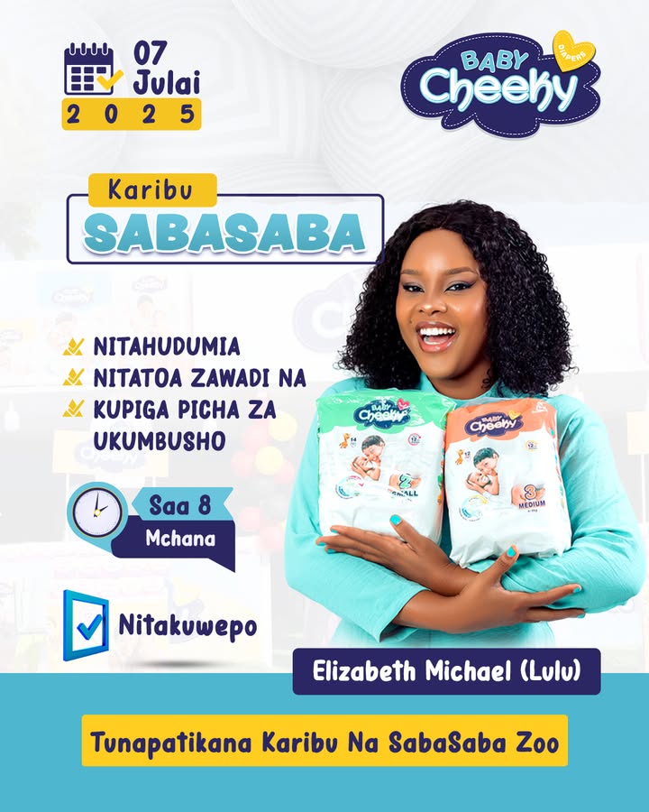 Kutana na @elizabethmichaelofficial katika banda la Cheeky Sabasaba.
Njoo upate elimu kuhusu matumizi bora ya daipa zetu bila kusahau zawadi zitatolewa 🎁🎉 .
Pia utapata nafasi ya piga picha kwa pamoja.👏
👉Tupo Karibu na SabaSaba Zoo.
#SabaSaba2025 #Sabasaba #BabyCheeky #BabyDiaper #MaoneshoyaSabaSaba #Offer #SabaSabaOffer #daipa #bidhaabora #DrafcoGroup
#SabaSabaTanzania
