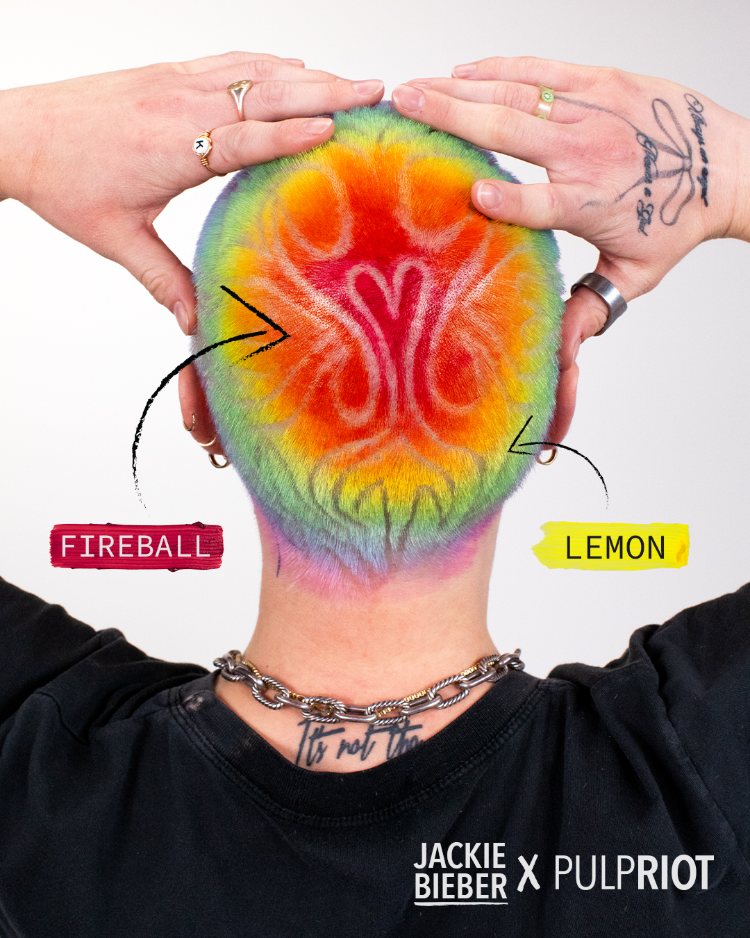 Tattoos don’t stop at skin. 🖤 This National Tattoo Day, we’re celebrating the artistry of hair tattoos, where buzzcuts meet bold design. Artists like @madebyjackiebieber (she/her) are turning heads and scalps into living canvases.
🧪 Formula Breakdown:
- Lightened with: #BlondeAF + 20 vol
- Toned with: Moon Stone High Speed Toner + 6 vol
- Red: Fireball
- Orange: Nuclear + Desert Canyon
- Yellow: Lemon
- Green: Snake Eyes
- Blue: Blue Tux + Nightfall
- Purple: Elixir + Lilac + Dark Matter
- Pink: Blush + Eloped + Cupid
Model: Kennedy Myers
@kennedymichelle__ (she/they)