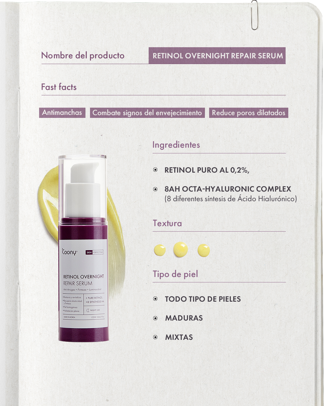 Coony Retinol Overnight Serum 💜 Mientras dormís, tu piel trabaja.
Este sérum de textura liviana penetra en profundidad para renovar la piel desde adentro, suavizar líneas y mejorar el tono.
Te levantás con una piel más radiante, suave y revitalizada.
OJO: Ayuda a combatir manchas y lineas finas.