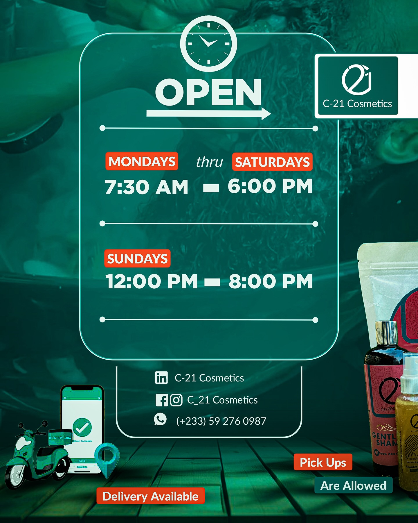 Excited to share our operating hours! 🌟 Shop online and pick up your favorite accessories and beauty products at your convenience. Can’t wait to see you!
#c21cosmetics #business #hair #viral