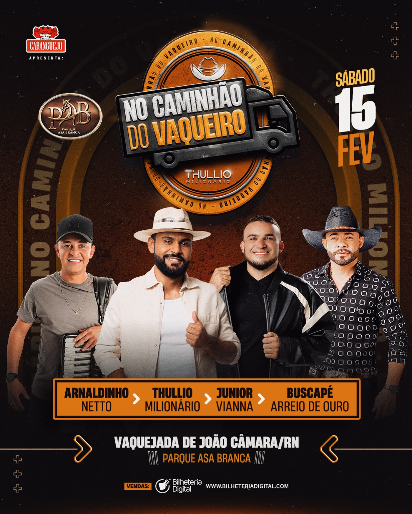 Vem ai o CAMINHÃO DO VAQUEIRO com a melhor festa de vaquejada de todos os tempos! 🐎🎶
- @thulliomilionario
- @juniorviannaoficial
- @arreiodeourooficial
- @arnaldinhonetto
Se prepara que o forró não tem hora para acabar, LEVE SEU ÓCULOS, por que O AFTER É NO CAMINHÃO DO VAQUEIRO! 😎🚚☀️
🗓️ 15/fevereiro
📍Vaquejada de João Câmara-RN
@parqueasabranca_oficial
#NoCaminhaoDoVaqueiro #ParqueAsaBranca #vaquejadadejoãocâmara