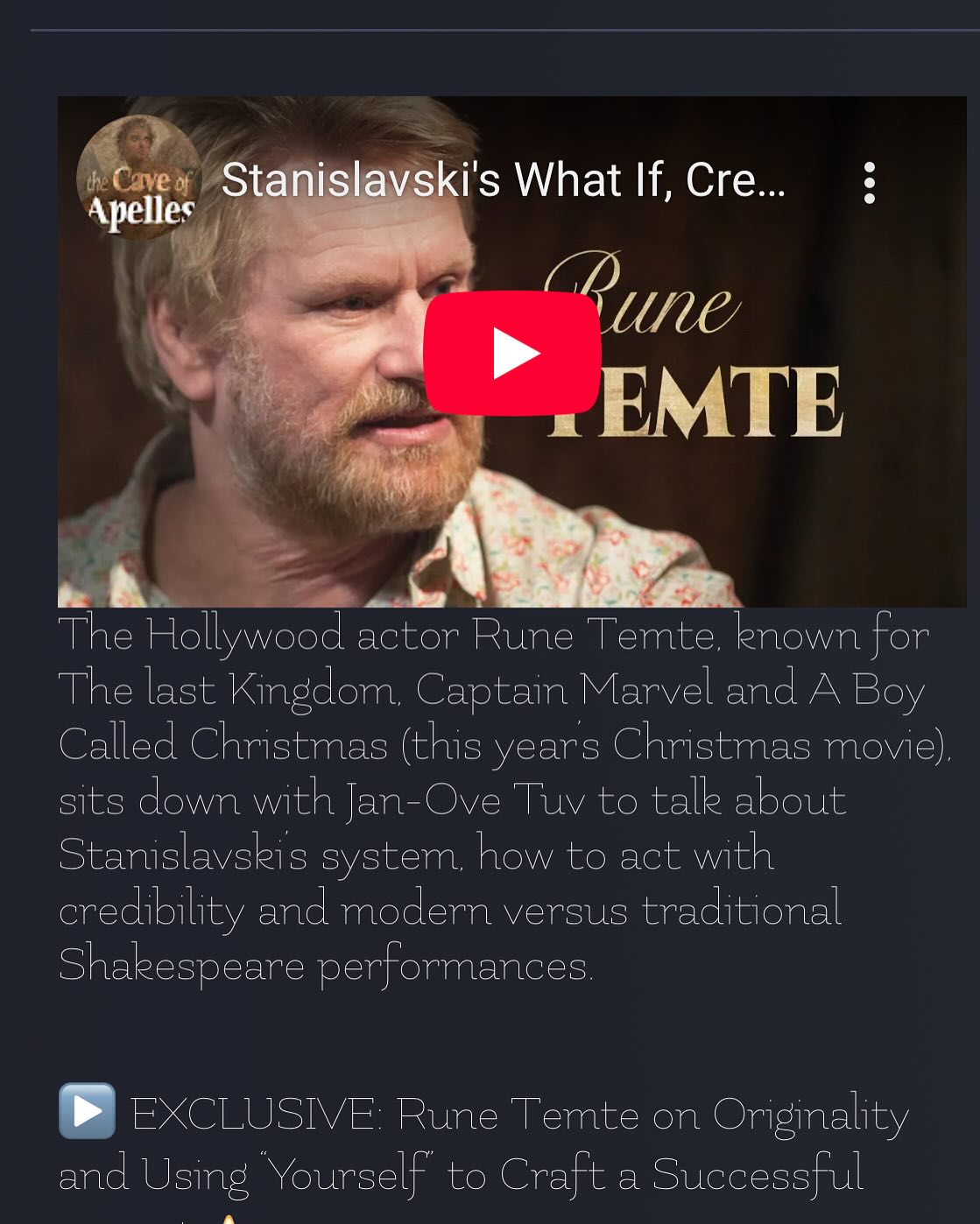 @caveofapelles invited me (a few days back) to have a conversation about #acting and ME and my stuff…thank you @jan_ove_tuv @bork.nerdrum . Look it up and enjoy guys. It’s out there!!