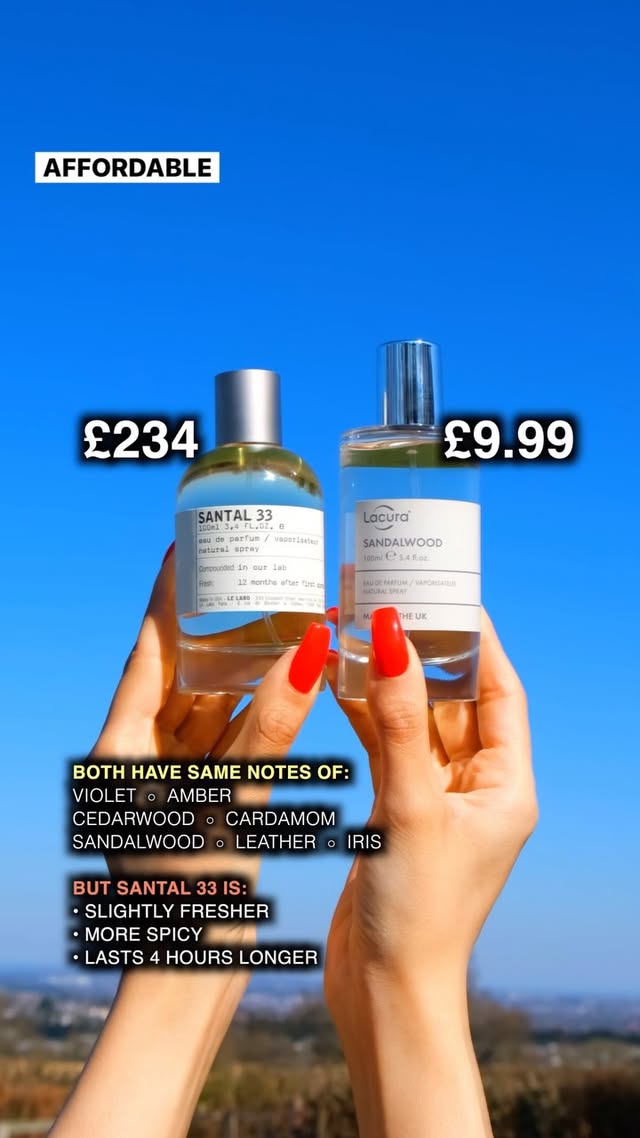 Don’t lie… which person are you?
Answer here 👉
We’ve listed all the similarities and differences between the iconic Le Labo Santal 33 perfume and the Aldi Lacura Santal 33 perfume within the video.
Before creating and sharing this Aldi video, as always, we tested and compared every aspect of each product. In this instance, we compared the scent notes, ingredients and longevity of each fragrance. We hope you find this information useful and let us know what else you would like us to compare.
#fragrancereviews #perfumeviral #perfumereview #aldi #aldifinds #aldispecialbuys #perfumeblogger #perfumecollection #aldiuk #aldihaul #fragrancecommunity #aldilove #fragrancearmy #lidl #affordableperfumes #fragrancecollection #mothersday