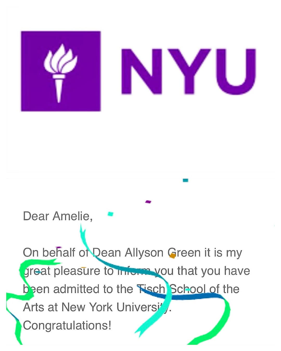 Excited to announce that I'm heading to NYU as part of the Class of 2027! I can't contain my joy, even if it brings on a few happy tears! This year, NYU had an acceptance rate of just 7.7% for graduate school, and I was over the moon to receive my acceptance news in March! ๐๐๐๐๐๐๐๐๐
#NewYork #Violets #Actress #Producer #Accepted #NewYorkUniversity #NYU #Tisch #NYC #GradSchool #BigApple