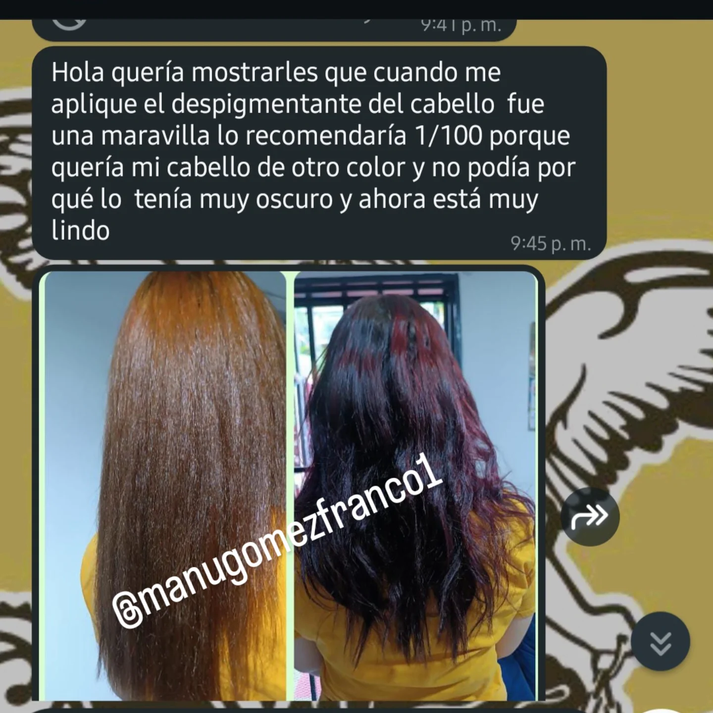 Testimonio del despigmentante capilar con 1 sola aplicacion. sin maltratarlo, sin decoloraciones.
Cabello con vida, información wapp :3012925810
1 dúo $85 envío sin costo