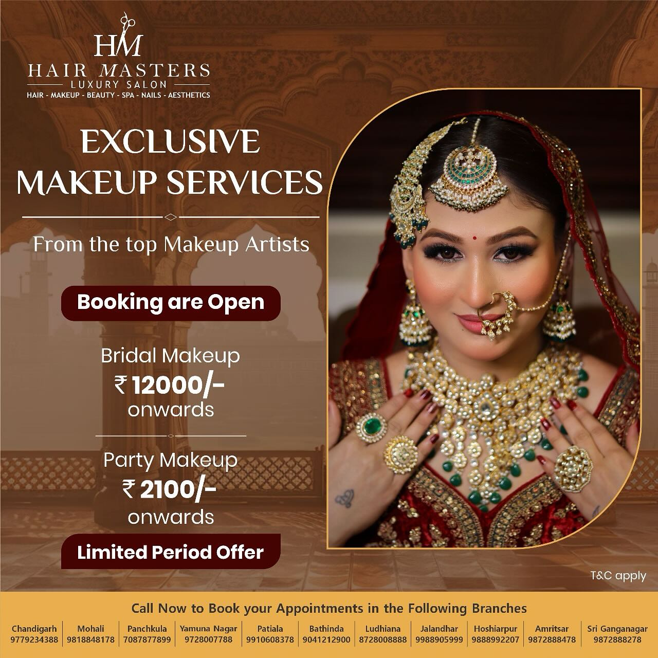 Bridal makeup ₹12,000 ONWARDS ONLY
Party makeup ₹2100 ONWARDS ONLY
Yes, it’s true. Hurry! book your slot now
Get glamourous with the Hair & Makeup Professionals with sensational looks tailor made just for you ..
Call us today to book your slots with us!
Chandigarh Branch 9818818478
Mohali Branch 9818848178
Panchkula Branch 7087877899
Yamuna Nagar Branch 9728007788
Patiala Branch 9910608378
Bathinda Branch 9041212900
Ludhiana Branch 8728008888
Jalandhar Branch 9988905999
Hoshiarpur Branch 9888992207
Amritsar Branch 9818818478
Khanna Branch 9872888678
Moga Branch 9872887918
SriGanganagar Branch 9872888278
FOR PAN INDIA - ANY BRANCH CALL 9818818478
.
.
.
.
#brides #bridal #bridalmakeup #wedding #weddingseason #shaadi #grandweddings #brideandgroom #sensational #hairmasters #makeup #makeupprofessionals
#professionalmakeup #HDMakeup #style
#Hairmastersstyle #stylish #experts #makeupexperts
#newlook #glamourous #instagood #hairprofessionals
#professionals #love
#makeuplove #makeupaddict #hairmastersmakeup
CALL NOW FOR ENQUIRIES..