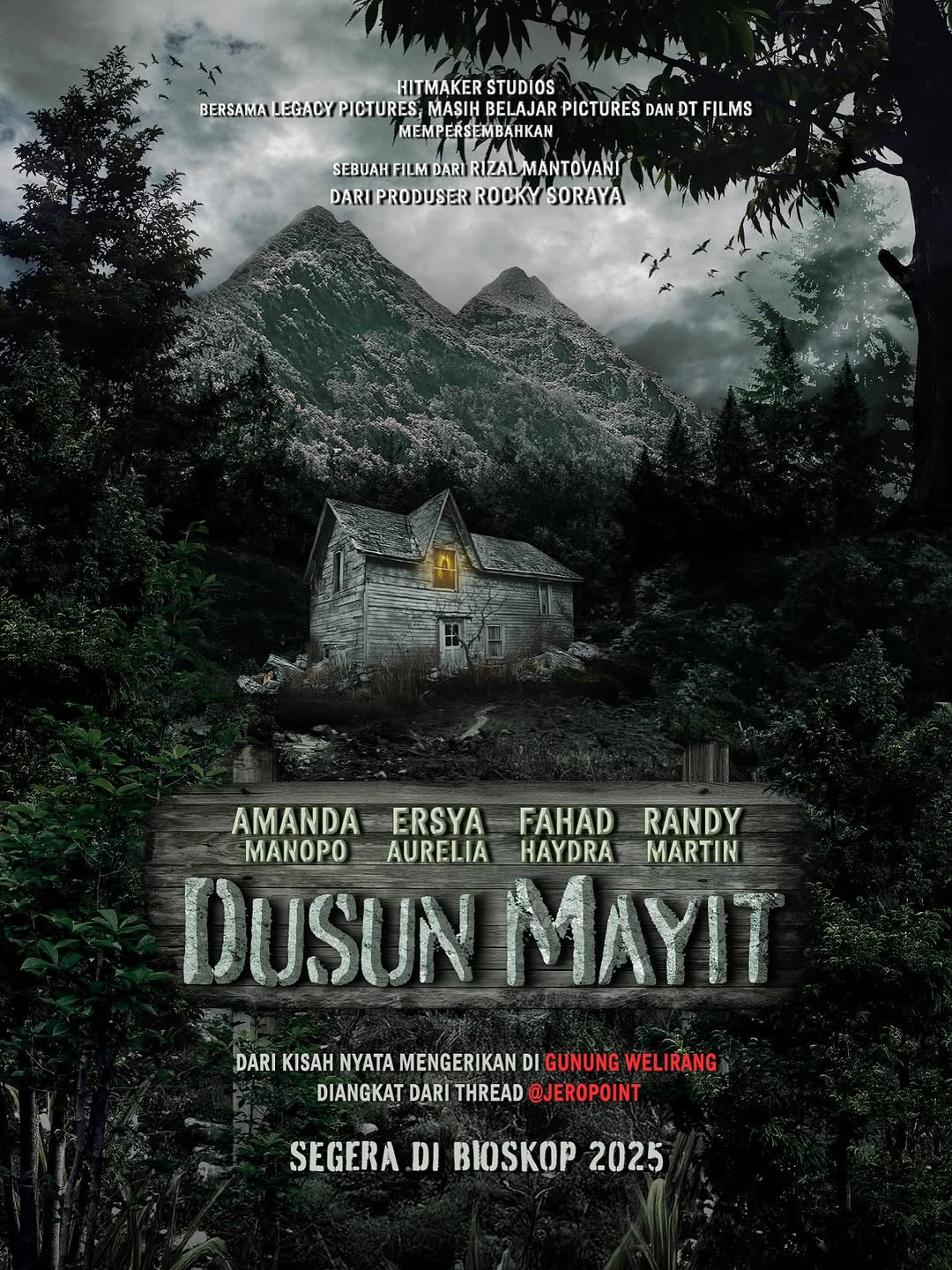 Dusun Mayit jadi film selanjutnya dari Hitmaker Studios. Mengangkat kisah nyata mengerikan di Gunung Welirang melalui thread @jeropoint
Diproduseri oleh @rocksoraya dan disutradarai oleh @rizalmantovani
Diperankan oleh @amandamanopo @ersyaurel @fahadhaydra @randymartinnn
Akankah mereka semua bisa pulang dengan selamat? Nantikan Dusun Mayit segera di bioskop tahun ini!
#DusunMayit #FilmDusunMayit #HitmakerStudios