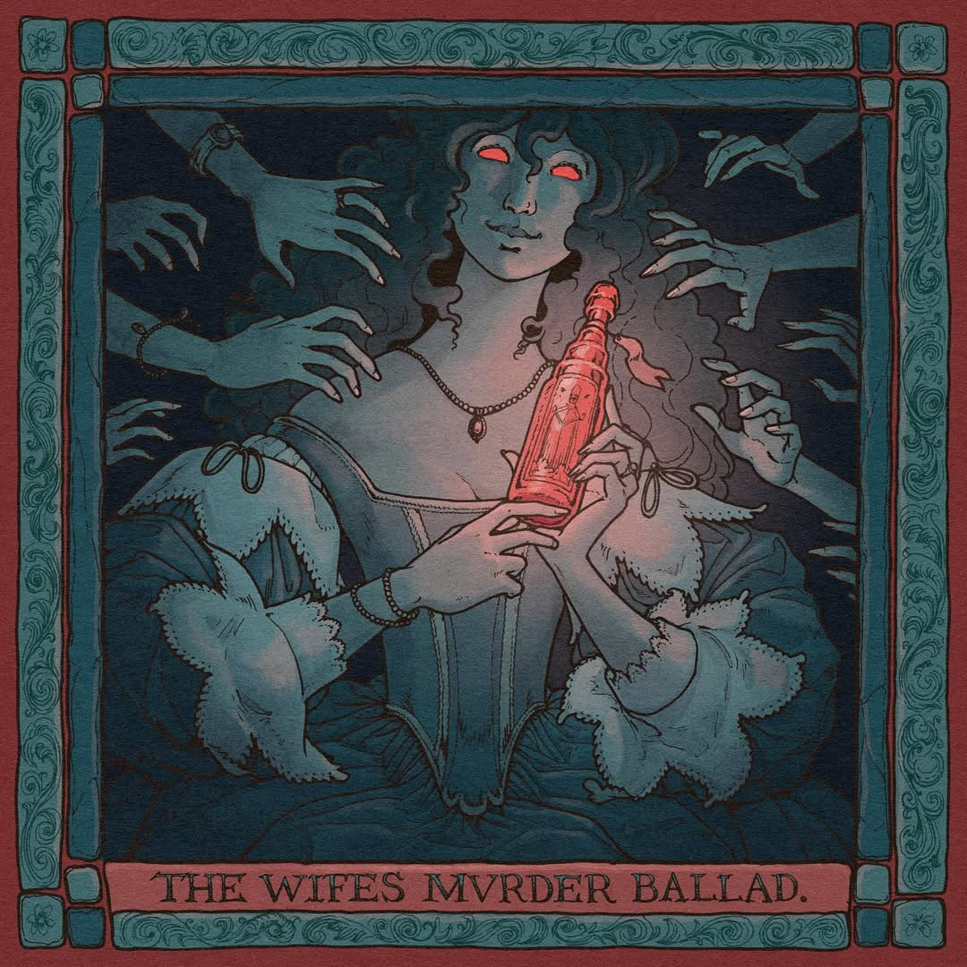 💋🩸NEW SONG NEXT WEEK🩸💋
Anyone for a murder ballad? Presave my new song ‘The Wife’s Murder Ballad’ out June 21st. Link in bio
What’s a little light murder on a summers day?
(for legal reasons this is a fictional song NOT based on my personal experiences, if you don’t believe me ask Giulia…)
Art by @lizmamont