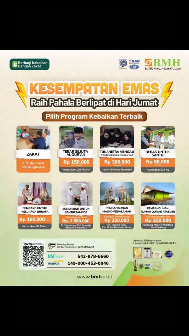 🔥 MUHARRAM + JUMAT = DOUBLE KEBERKAHAN! Saatnya Investasi Amal Terbaik!
Hari ini bukan hari biasa…, Hari Jumat di bulan Muharram adalah momen yang Allah pilihkan bagi hamba-Nya untuk menuai pahala tanpa batas.
💡 Saat banyak orang menunda, Anda bisa jadi yang pertama menanam amal jariyah yang tak putus.
Yuk, ambil Kesempatan Emas ini melalui program-program penuh manfaat berikut:
🔲 Tebar Sejuta Al Qur’an
🔲 Tunanetra Mengaji
🔲 Beras untuk Santri
🔲 Berbagi Sembako
🔲 Sumur Bor untuk Santri
🔲 Pembangunan Masjid
🔲 Pembangunan Rumah Qur’an
Bismillah..., Bantu wujudkan harapan mereka, dan raih keberkahan hidup kita.
💳 Layanan Transfer :
A.N. Baitul Maal Hidayatullah
🏧 BSI : 542-878-6660
🏧 Mandiri : 149-000-453-0046
📲 Layanan Konfirmasi di 0813-9521-9450 (Telepon/WA) atau DM Instagram @bmhkaltim
Jazakumullah Khairan Katsiran