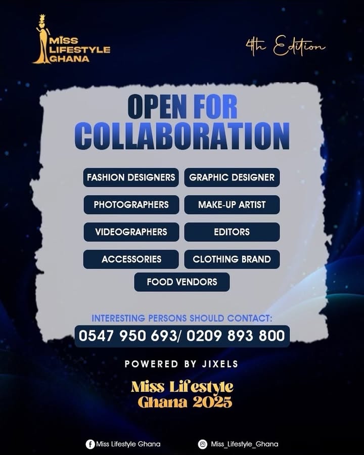 Miss Lifestyle Ghana 🇬🇭 2025 is open to collaborate with brands, organizations and businesses for its 4th edition!
Take a chance on this opportunity to increase brand visibility and grow with us, interested persons should send in details.
Graphics @cheerup_graphix
#misslifestyleghana #pageantry #beautywithpurpose #beautypageant #beautypageants #ghbeautypageant