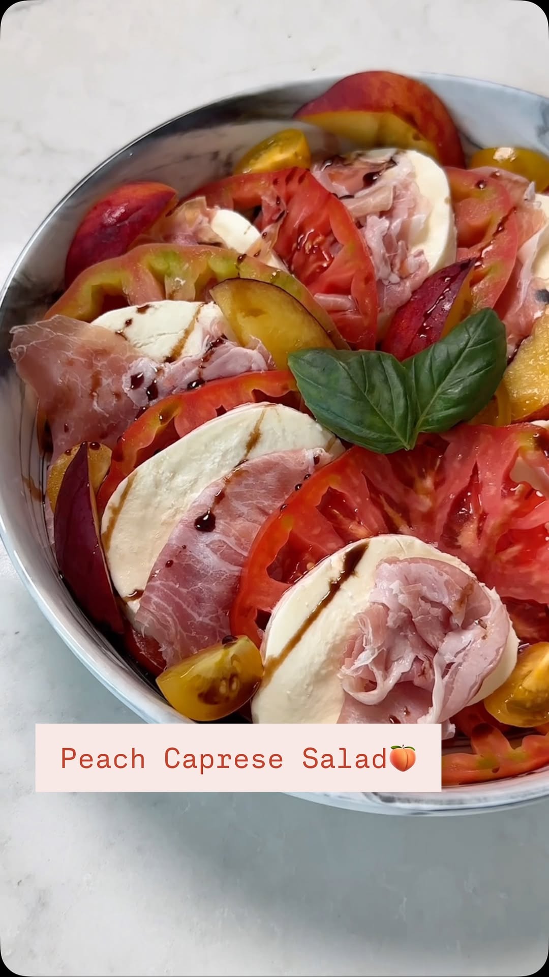 Figuring out how to eat this was a challenge but it slapped nonetheless!!!
Peach Caprese Salad🍑🍅🤤
Heriloom Tomatoes
Peaches
Baby Yellow Tomatoes
Mozzarella
Prosciutto
Basil Leaves
Salt Flecks
Balsamic Vinegar Of Modena (I loveeee Fini)
Slice the heirloom tomatoes thin, peaches into wedges, baby yellow tomatoes in half and mozzarella. Arrange everything the way you’d like on the plate and sprinkle salt flecks over it all. Then drizzle the balsamic and enjoy! :)
#summersalad #peachrecipes #capresesalad
