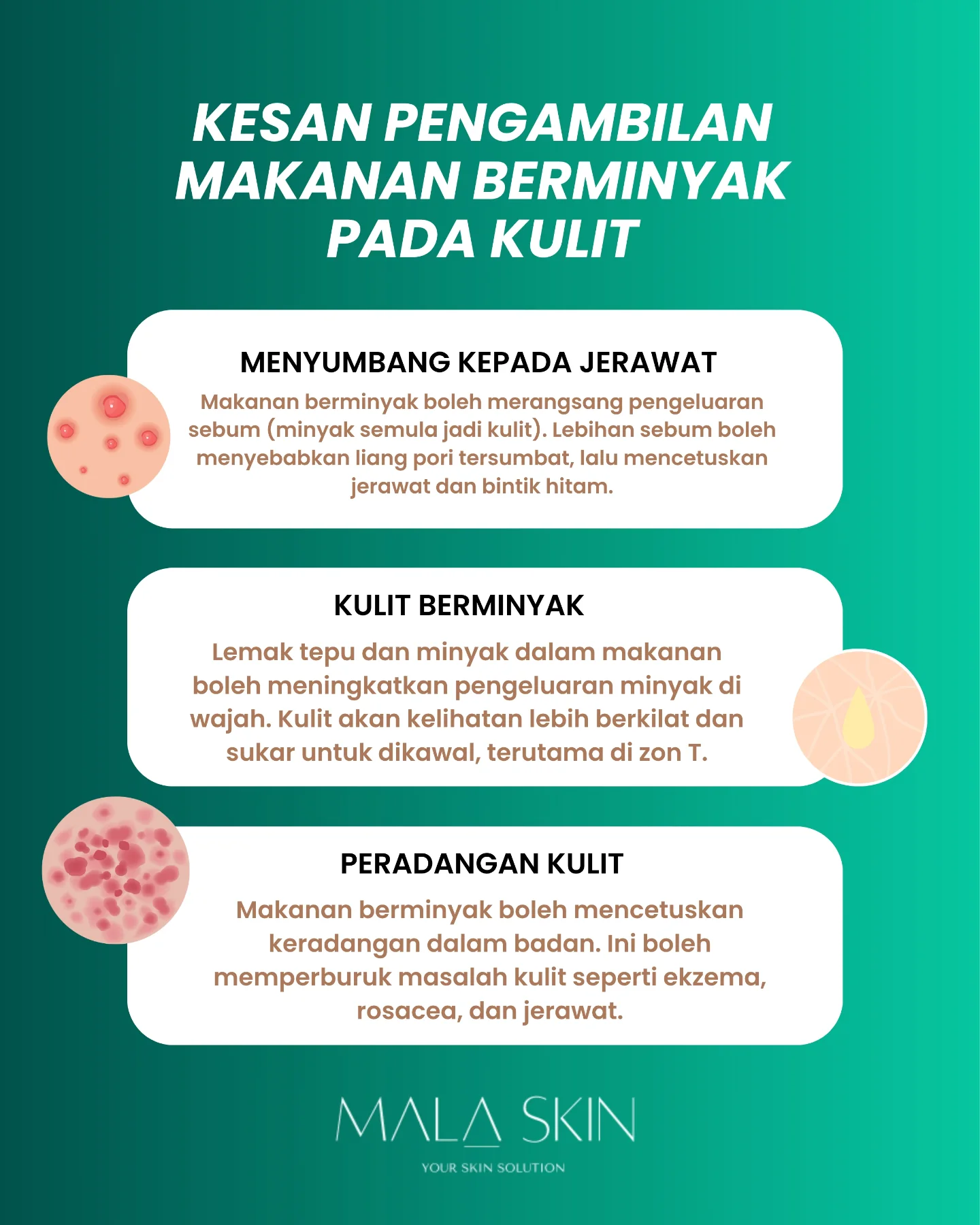 Kalau nak jaga muka, jangan kerap sangat makan makanan yang berminyak! Sekali sekala tu takpe, jangan setiap jam makan makanan berminyak sangat!
#DrSkin #MalaSkin