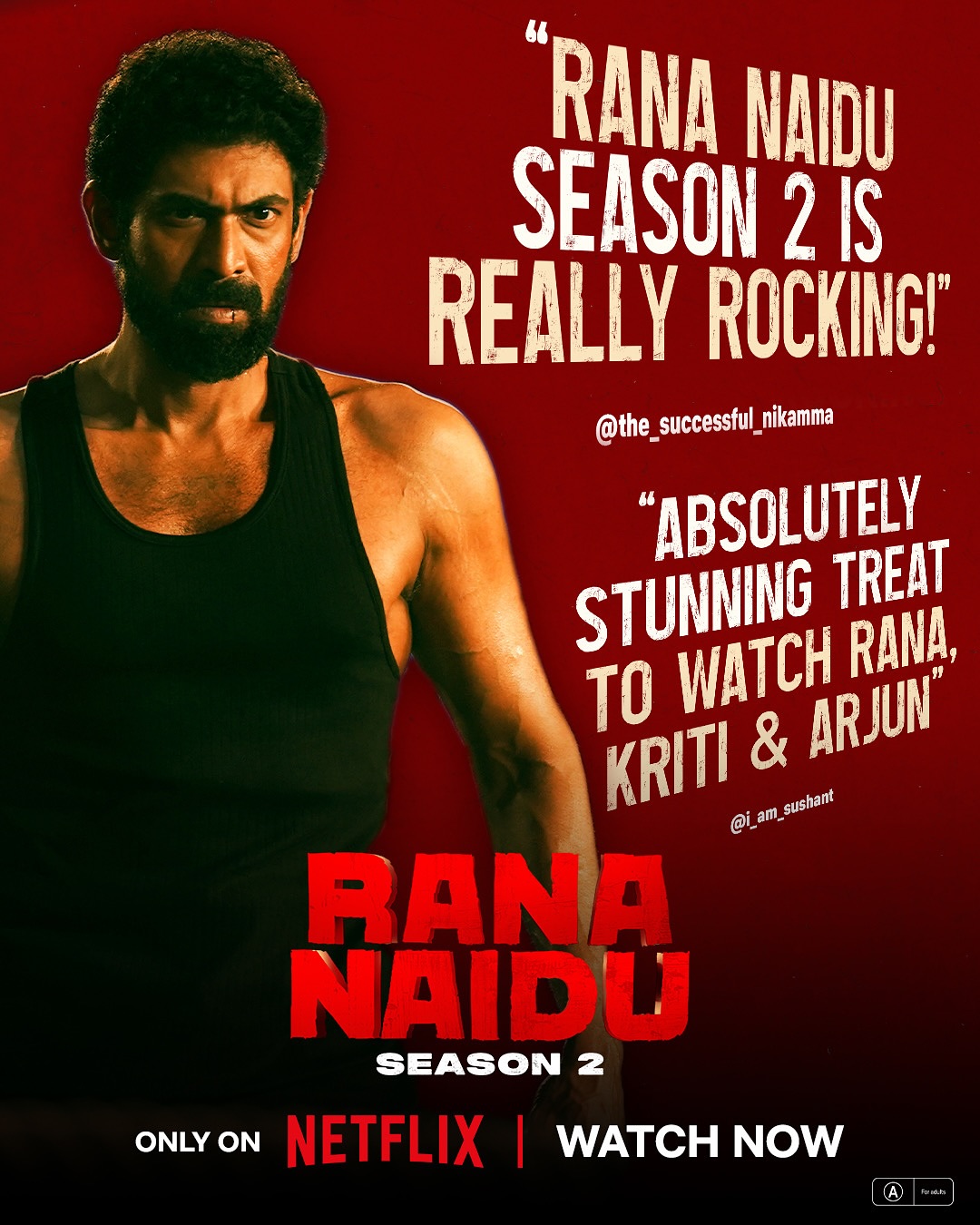 India’s favourite fixer for a reason ❤️🔥
Watch Rana Naidu, out now, only on Netflix.
#RanaNaiduOnNetflix #JoLineCrossKiyaWoGaya @venkateshdaggubati @ranadaggubati @rampal72 @krnx @suparnverma @locomotiveglobal @SurveenChawla @officialsushantsingh @nowitsabhi @suchipillai @kriti.kharbanda @rajeshjais @vishal_bajaj_1603 @nishant_pandey0612 @abhayrchopra_ @ishitta.arun @adithyamenon.actor @johnschmidtdp @ofnosurnamefame @exquisitelylaura @toto_robin @_nikhilahuja @samarthshandilya @tanujvirwani @afrahsayed @bodhisattvasharma