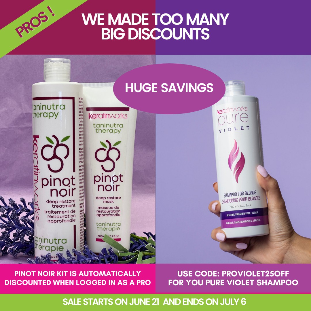 🎉 WE MADE TOO MANY = YOUR PRO-ONLY CHANCE TO SAVE BIG! 🎉
🔥 The **Pinot Noir Taninutra Therapy** line + **Pure Violet Shampoo** are on **MEGA SALE** just for our pros 💰✨
🧴 **Pinot products** are already discounted at checkout
💜 Use code **PROVIOLET25OFF** for 25% OFF the **Violet Shampoo** (pros only!)
✨ Silky hair. Clean ingredients. No harsh chemicals.
➡️ Just log in to your **Pro account** to access it all!
📅 Sale runs **June 21–July 6** or while supplies last!
\#KeratinworksPro #HairProsOnly #ProStylistDeals #PinotNoirHair #VioletShampoo #HairSale #HairTransformation #CleanHairCare #SLSFree #ParabenFree #FrizzFreeHair #SilkyHairGoals #LuxuryHairCare #StylistExclusive #HealthyHairJourney #NoMoreBrass #NonToxicHairCare #HairCareSale #ProfessionalStylist #SalonMustHaves #SmoothHairSolutions 💇♀️💜🛍️