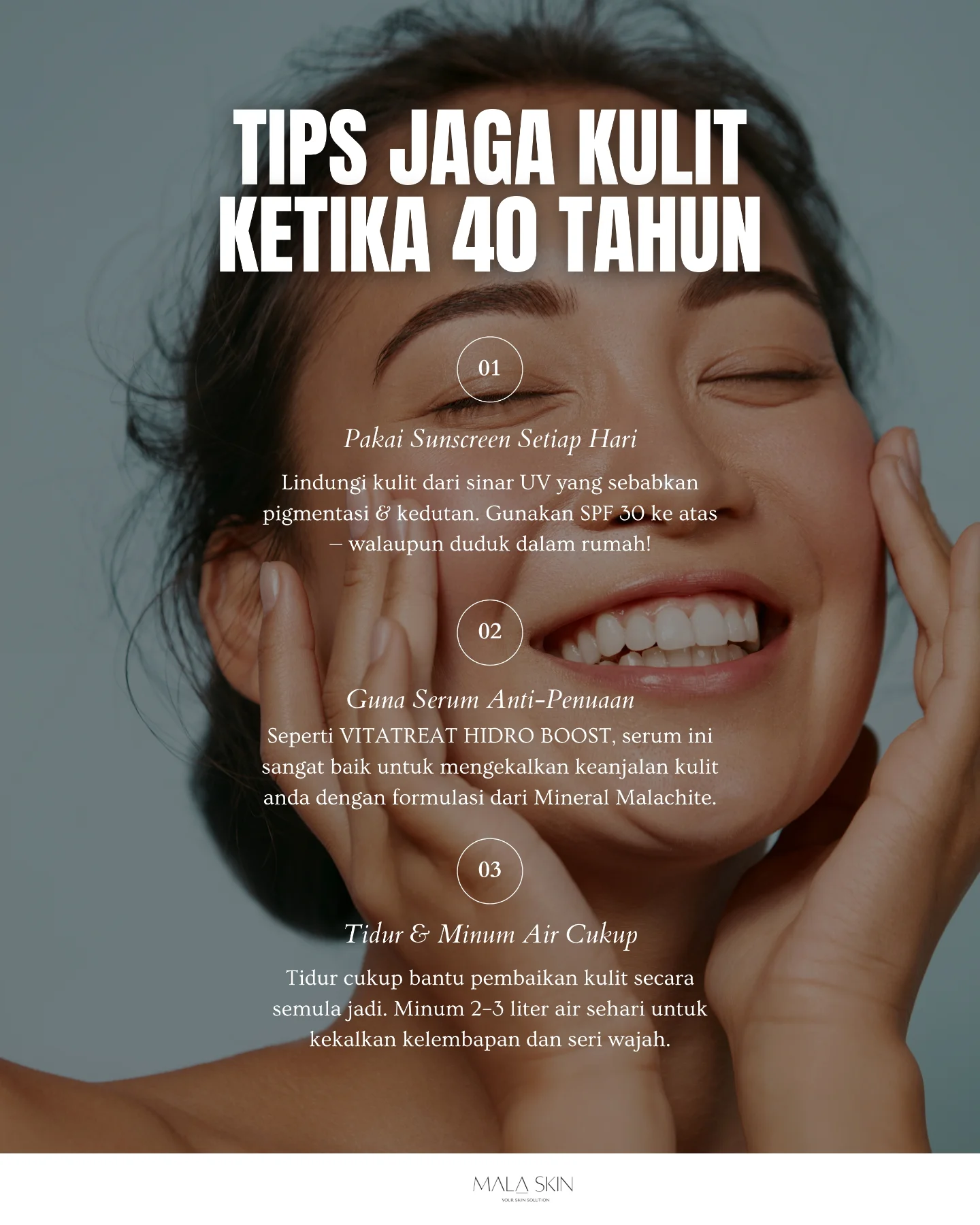 ✨Nak kulit kekal cantik lepas umur 40? Jom ikut 3 tips mudah ni:
✅ Pakai sunscreen setiap hari
✅ Guna serum anti-penuaan
✅ Tidur & minum air secukupnya
Kulit sihat, seri pun makin menyerlah! 💧🌞
#TipsKulit40an #MalaSkin #DrSkin #SkinExpert