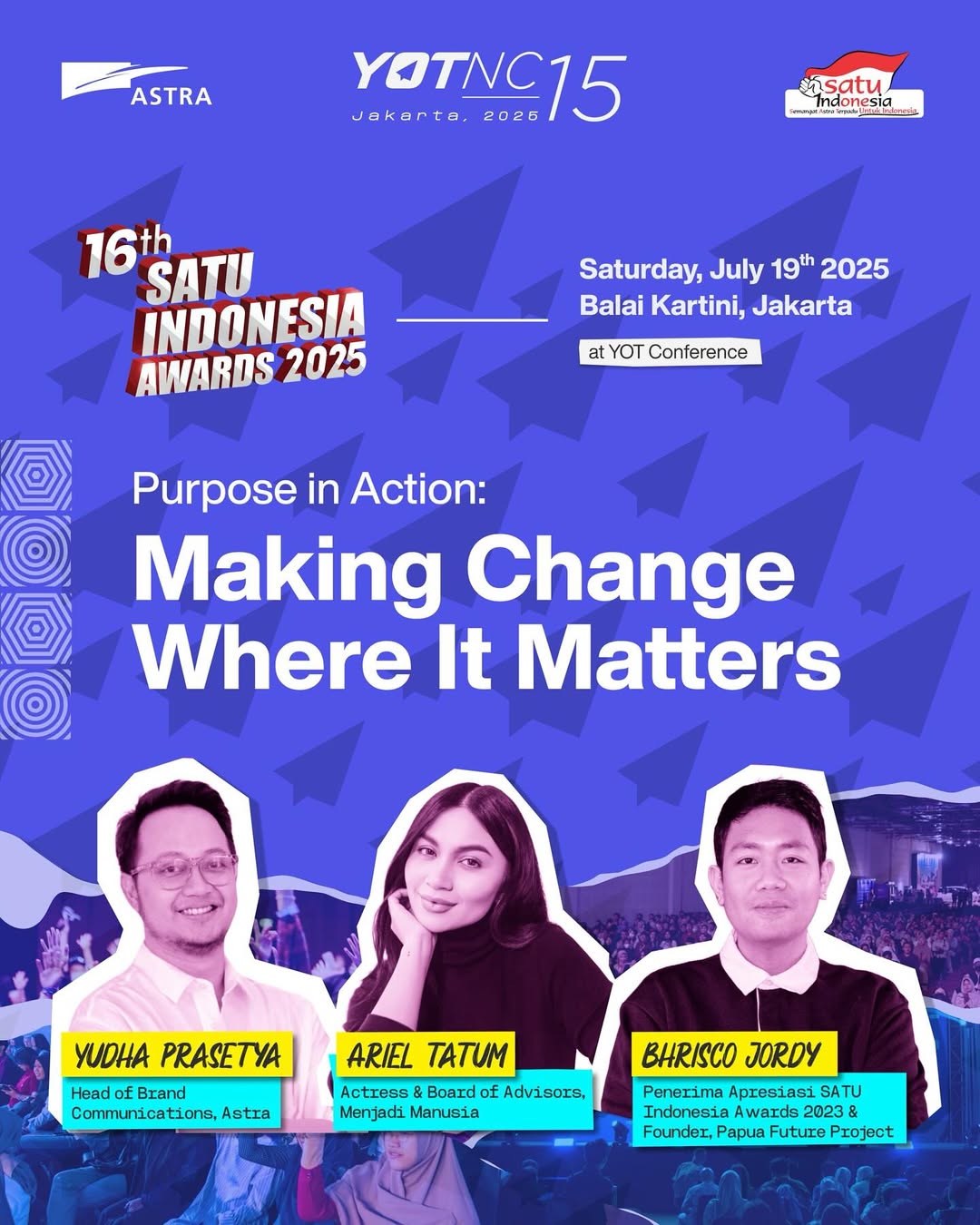 Hi YOTers,
Di #YOTNC15 nanti akan ada sesi "Purpose in Action: Making Change Where It Matters" yang akan dibawakan oleh:
❇️ Ariel Tatum (Actress & Board of Advisors, Menjadi Manusia)
❇️ Bhrisco Jordy (Penerima Apresiasi SATU Indonesia Awards 2023 & Founder, Papua Future Project)
❇️ Yudha Prasetya (Head of Brand Communications, Astra)
Di akhir sesi ini nantinya juga akan ada kuis seru berhadiah yang bisa kamu ikuti lho!
🔗 Yuk daftar sekarang di youngontop.com/yotnc2025 dan pakai kode "ASTRA" untuk ikutan sesinya secara free✨
#MudaSukses #YOTUntukIndonesia #KitaSATUlndonesia