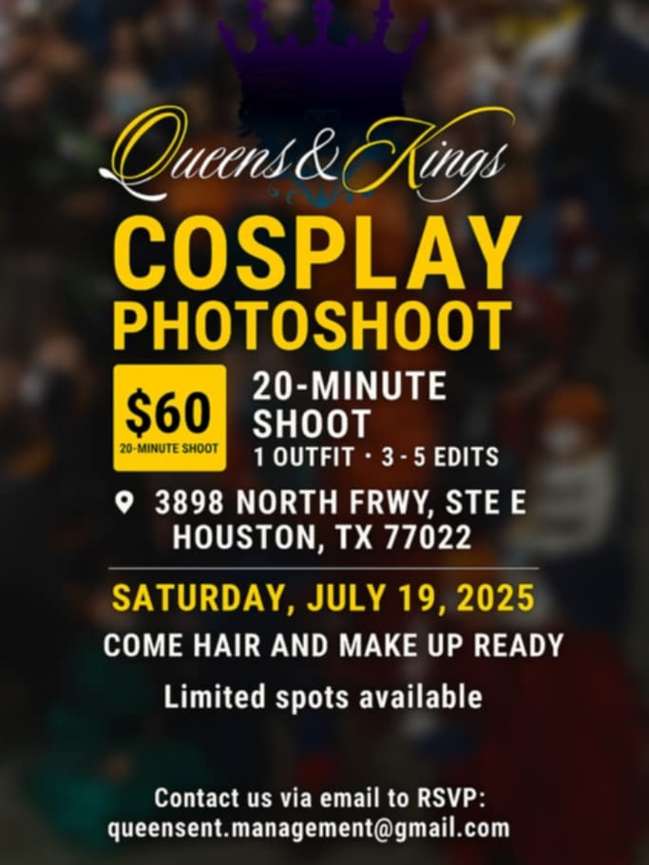 🎭 Hey Houston Cosplayers! Ready to SLAY the lens? 🎭
Get in character and bring your A-game to our COSPLAY PHOTOSHOOT! Whether you’re a hero, villain, anime icon, or gaming legend, this is YOUR moment.
📅 Saturday, July 19, 2025
🕙 10:00 AM – 2:00 PM
💰 $60 for a 20-minute session
🎭 1 Outfit • 3–5 Edited Shots
📍 3898 North Fwy, Ste E, Houston, TX 77022
✨ Come hair & makeup ready
⚠️ Only 4 spots available. First come, first served!
📩 RSVP now: queensent.management@gmail.com
🔗 Or click the link in bio: https://square.link/u/li6VKkfd
#houstoncosplay #strikeapose #cosplayready #queensent #photoshootvibes #cosplayhouston #queensentmanagement #kingsentmanagement