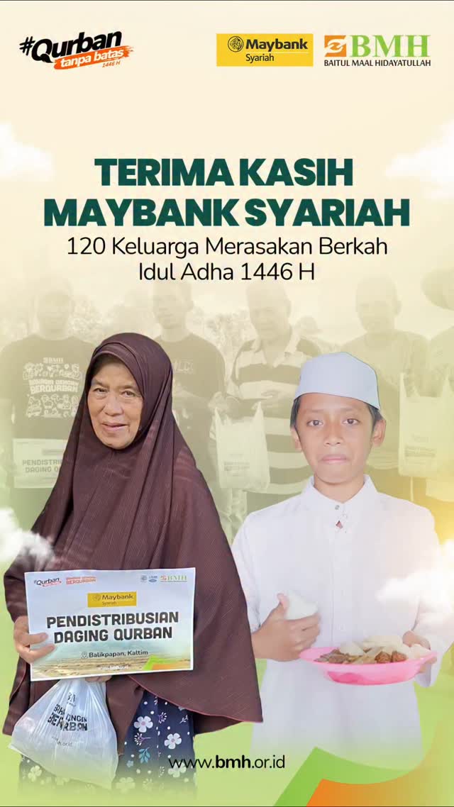 Berkah Qurban Menyapa Dhuafa & Santri: Kolaborasi Maybank Syariah dan BMH Kaltim
Kemitraan BMH Kaltim dan Maybank Syariah kembali terwujud dalam program Qurban Berkah di momen Idul Adha 1446 Hijriah.
Maybank Syariah menyalurkan dana sosial kebajikan sebesar 30 juta rupiah, dan BMH menyediakan hewan qurban berupa 1 sapi dan 1 kambing, yang dipotong pada Sabtu, 7 Juni 2025 di Rumah Potong Hewan KM 5 Balikpapan.
Seluruh proses mulai persiapan, pemotongan hingga distribusi berjalan lancar, melibatkan 120 KK sebagai penerima manfaat mencakup petani dhuafa binaan hingga para santri penghafal Qur’an.
Kolaborasi kebaikan ini tak hanya sebatas penyaluran daging qurban, namun juga menghadirkan kesejahteraan, meningkatkan gizi mitra binaan, mendukung perjuangan para santri, hingga memperkuat solidaritas sosial di tengah masyarakat.
Terima kasih Maybank Syariah atas kepercayaan Qurban bersama Baitul Maal Hidayatullah. Bersama kita salurkan berkah hingga ke pedalaman, dengan proses yang transparan, amanah dan sesuai syariah.
Hormat kami,
BMH Perwakilan Kaltim | @bmhkaltim
@maybankid