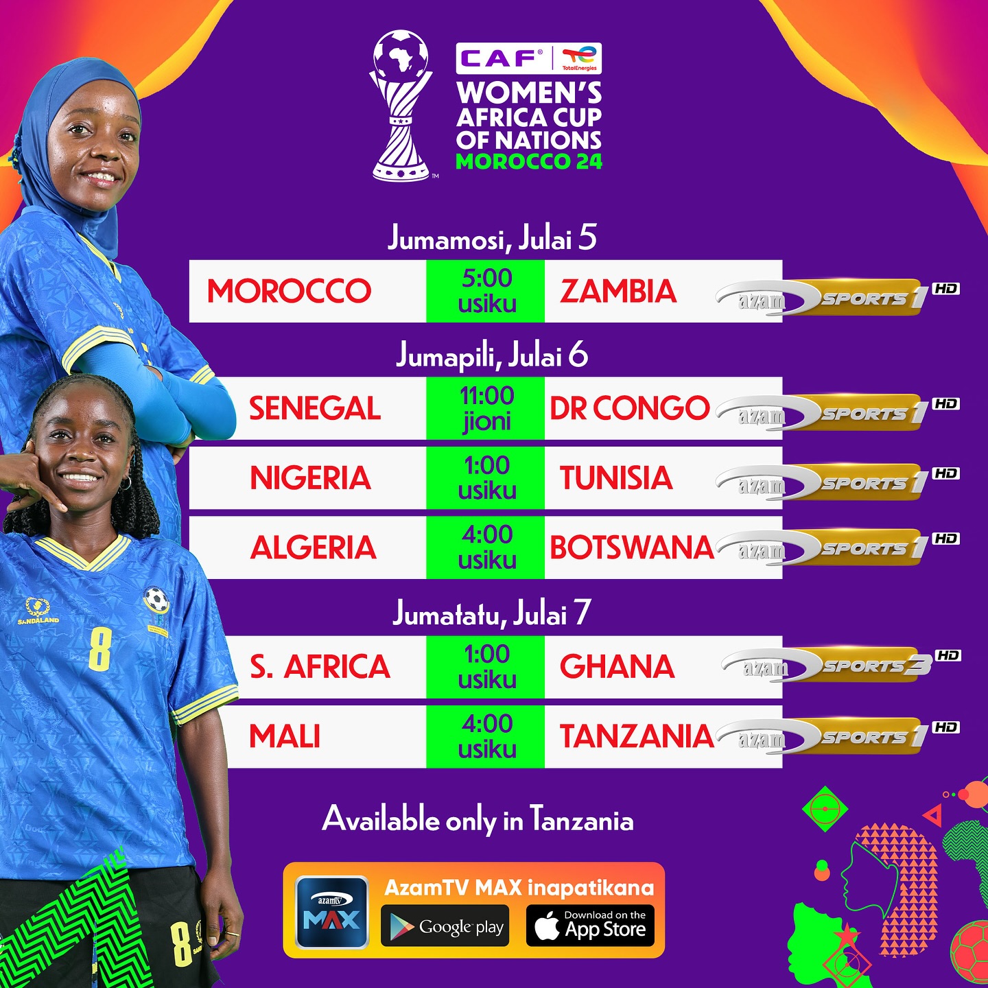 Fainali za AFCON kwa wanawake (WAFCON) kuanza kupigwa wikiendi hii nchini Morocco.
Twiga Stars wakiwa Kundi C, pamoja na Afrika Kusini, Ghana na Mali watafungua dimba na Mali.
Kwa kifurushi cha Shilingi 28,000 unatazama fainali hizi.
Michuano hii kuonekana kwa Tanzania Pekee.
#WAFCON #AzamTVSports
