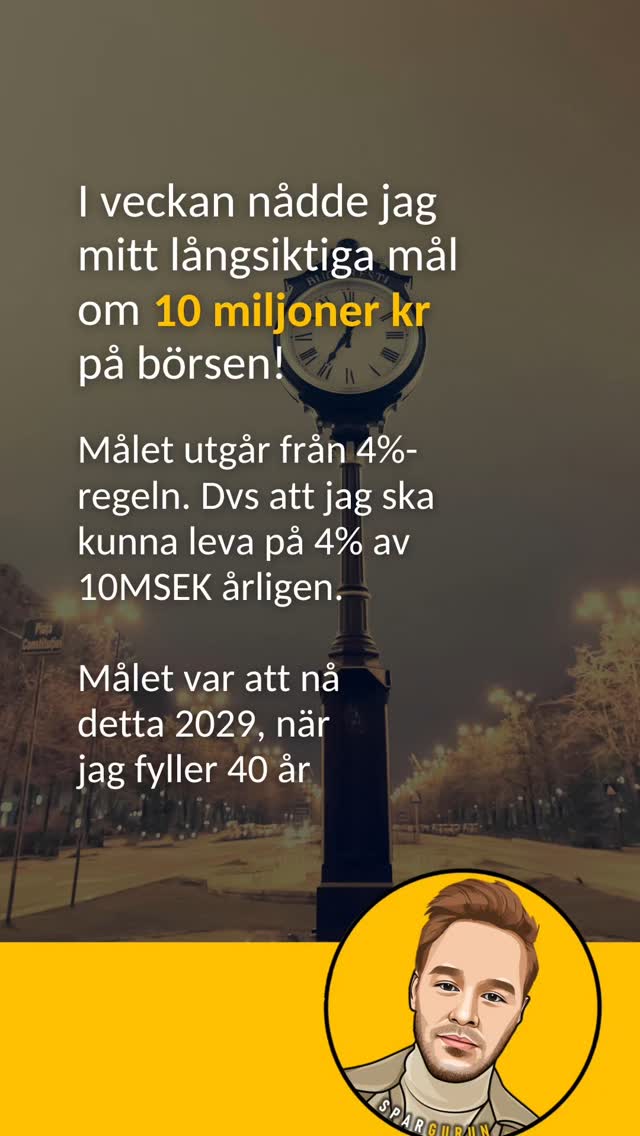 LĂ€s caption!âŹïž
NÀr jag satte det hÀr mÄlet för över ett decennium sedan kÀndes det nÀstan overkligt. Ett löfte till mig sjÀlv: "innan jag fyller 40 ska jag nÄ 10 MSEK pÄ börsen."
Det har krĂ€vts disciplin, tĂ„lamod, misstag, lĂ€rdomar â och massor av tid. Men idag stĂ„r jag hĂ€r. MĂ„let Ă€r uppnĂ„tt.
Ăven om 10 miljoner var min drömgrĂ€ns dĂ„, sĂ„ mĂ€rker jag nu att det inte riktigt rĂ€cker för det liv jag vill leva utan att behöva snĂ„la. Och jag kĂ€nner mig dessutom inte klar.
PĂ„ ett sĂ€tt kĂ€nns det som ett misslyckande att behöva höja mĂ„let. Men livet hĂ€nder. Behov förĂ€ndras. Insikter mognar. Och ibland mĂ„ste mĂ„len fĂ„ revideras. Det Ă€r inte ett nederlag â det Ă€r utveckling.
Mitt nya mÄl? 15 MSEK pÄ börsen innan jag fyller 40. Passiv inkomst inte bara för att överleva, utan för att leva. HÄllbart, fritt och utan stress. Jag vill fortsÀtta accelerera och utvecklas ett par Är till.
Jag kommer ocksĂ„ att sĂ€tta upp fler lĂ„ngsiktiga mĂ„l i min femĂ„rsplanâ för livet, inte bara för ekonomin.
đ Stora resor jag vill göra. 46 lĂ€nder har jag besökt hittills. More to come.
đ Bucket list att bocka av.
đŒ Ett ökat risktagande i arbetslivet â för att vĂ€xa, utmanas och utvecklas som mĂ€nniska.
đȘStort fokus pĂ„ hĂ€lsan och trĂ€ningen
Jag kommer att dela mer om det lÀngre fram. Det handlar om livskvalitet. Om att vÄga sikta framÄt, inte bara sÀkra upp.
Tack till er som följer, peppar, motiverar, och förhoppningsvis blir inspirerade lÀngs vÀgen.
Resan fortsĂ€tter och jag hoppas ni vill hĂ€nga pĂ„đ
#bucketlist #resa #pengar