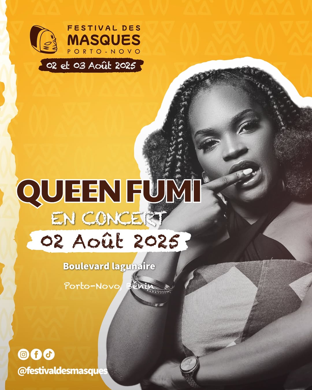 🇧🇯🟤 Queen Fumi est l’une des voix les plus authentiques de la scène béninoise.
Entre afrobeat, groove et tradition revisitée, elle est la fierté d’une nouvelle génération d’artistes.
📌 Le 2 août à Porto-Novo, elle montera sur scène pour un concert fort et festif.
🗓️ 2 août 2025
📍 Boulevard Lagunaire – Porto-Novo
🎟️ Entrée libre et gratuite
#QueenFumiLive #FestivalDesMasques #PortoNovo2025 #Festivaldesmasques2025 #TousàPortonovo