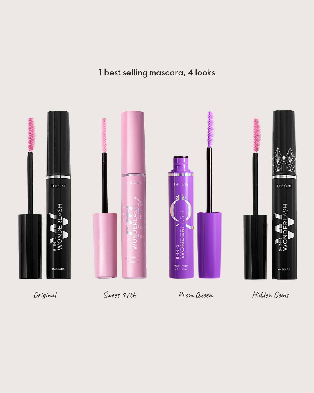 Our Wonder Lash Mascara in all her outfits 😍 Which version of the Wonder Lash is your all time favourite?
.
.
🔎: THE ONE 5 in 1 Wonder Lash Prom Queen Mascara (47949), THE ONE 5 in 1 Wonder Lash Mascara (42119), THE ONE 5 in 1 Wonder Lash Hidden Gems Mascara (47100), THE ONE 5-in-1 Wonder Lash 17th Birthday Mascara (47377)