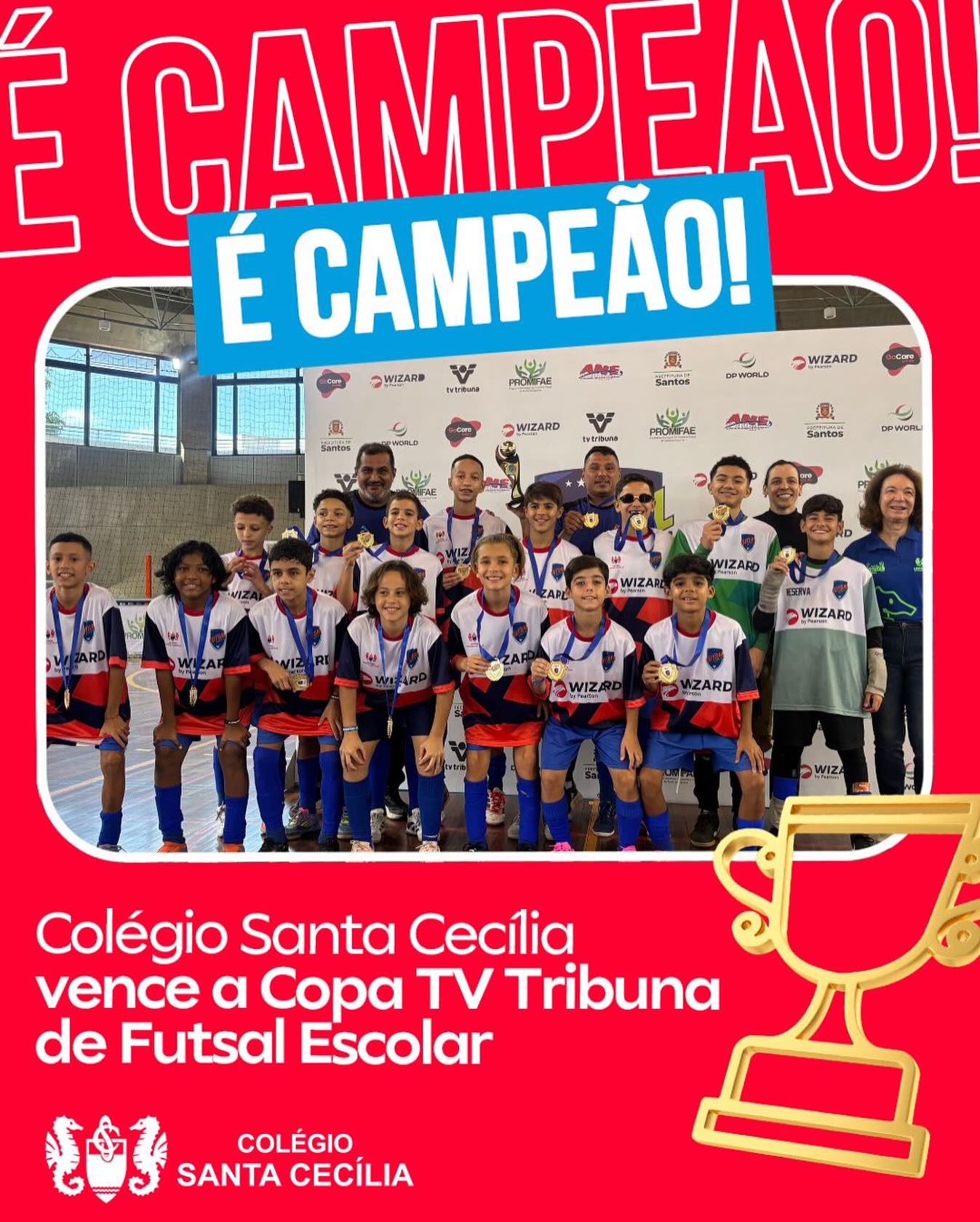 Parabéns à Direção, Coordenadores, Professores, Funcionários, Familiares, especialmente aos professores Oca, Indio, Fabrício e aos nossos alunos do Colégio Santa Cecília, campeões da Copa TV Tribuna de Futsal Escolar! Cumprimentar a Organização da Copa, o Colégio Pitágoras e todos os demais participantes que valorizaram a disputa deste tradicional evento, que tem como objetivo incentivar e revelar talentos. O Santa Cecília fez história como maior vencedor da competição, mais do que o título de campeão, o importante é conciliar o ensino e o esporte, para alcançar os objetivos deste trabalho. 🔥⚽️