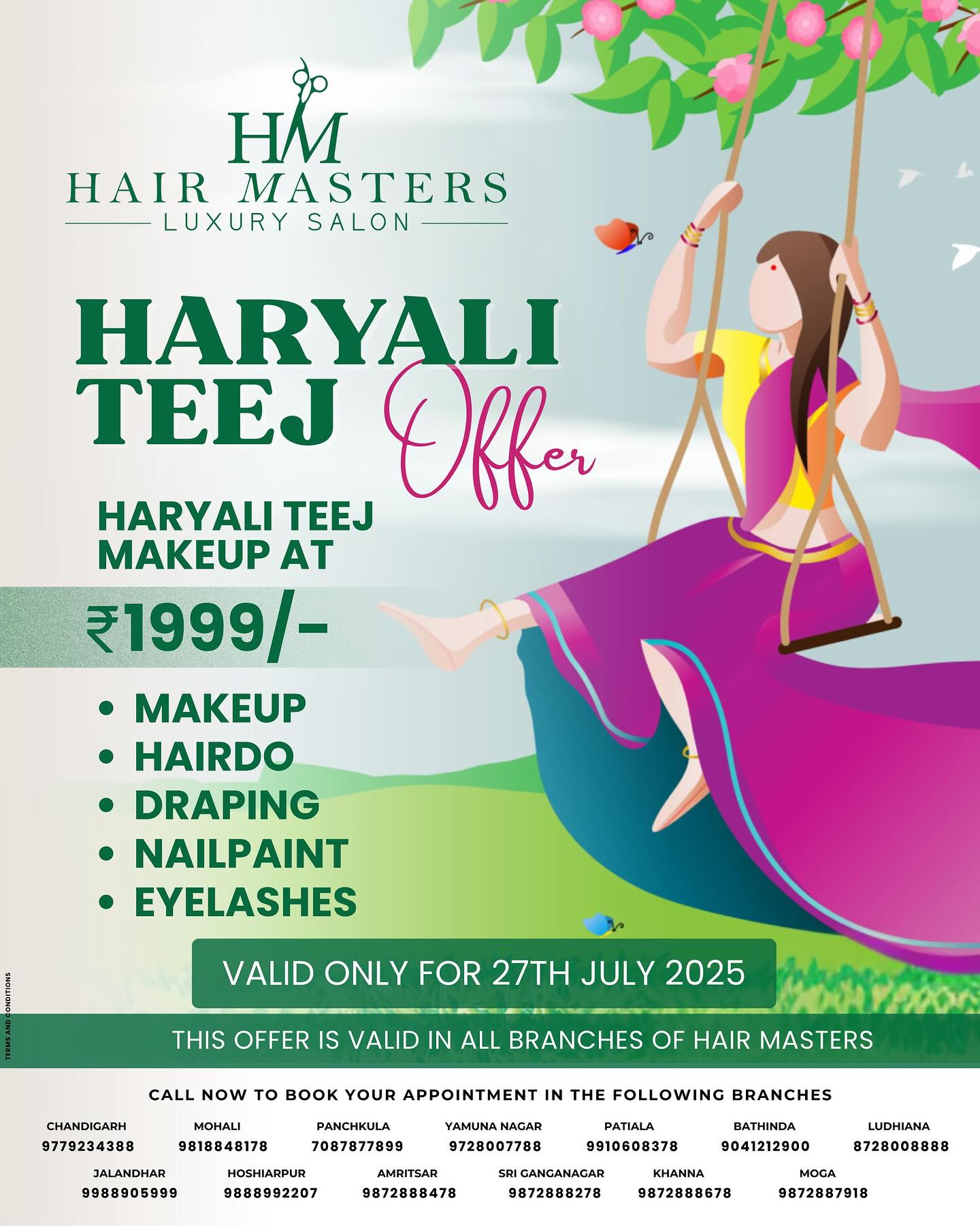 HURRY ! BOOK YOUR TEEJ MAKEUP AT YOUR NEAREST BRANCH OF HAIR MASTERS IN LOWEST PRICE EVER ₹1999 #teej #teejlook❤️❤️ #teejmakeup
Call us today to book your slots with us!
Chandigarh Branch 9779234388
Mohali Branch 9818848178
Panchkula Branch 7087877899
Yamuna Nagar Branch 9728007788
Patiala Branch 9910608378
Bathinda Branch 9041212900
Ludhiana Branch 8728008888
Jalandhar Branch 9988905999
Hoshiarpur Branch 9888992207
Amritsar Branch 9872888478
SriGanganagar Branch 9872888278
Khanna Branch 9872888678
Moga Branch 9872887918
FOR PAN INDIA - ANY BRANCH CALL 9818818478
.
T&C Apply