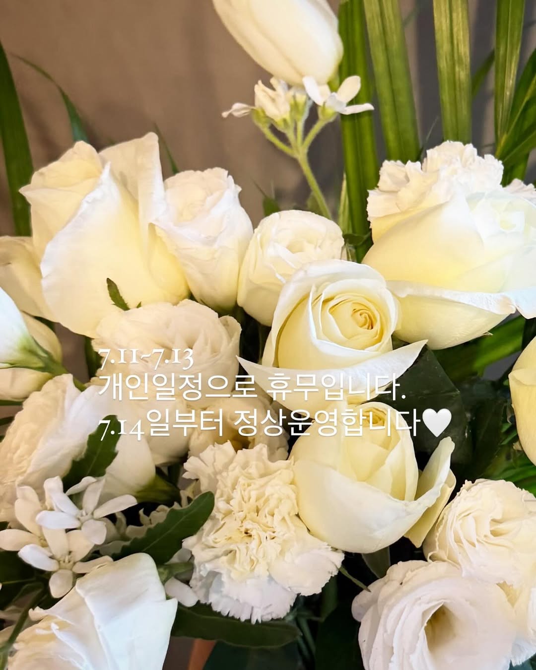 #프레시플레르
_ 7.11~7.13까지 개인일정으로 휴무입니다.7.14(월)부터 정상영업합니다🤍🤎
order &lesson 예약문의💋
📞010 6399 3115
_
#freshfleur #강남꽃배달 #flower #삼성동꽃집 #강남꽃집 #선정릉역꽃집 #삼성중앙역꽃집 #선릉역꽃집 #코엑스꽃집 #flowerstagram #flowershop #꽃 #고급꽃집 #이쁜꽃집 #대형꽃다발 #삼성동꽃배달 #고급꽃다발 #웨딩부케 #원데이클래스#꽃선물 #플로리스트 #상견례꽃다발 #연예인서포트 #생일축하꽃다발 #여자친구꽃다발 #기념일꽃다발 #프로포즈꽃다발 #꽃#花店 #花