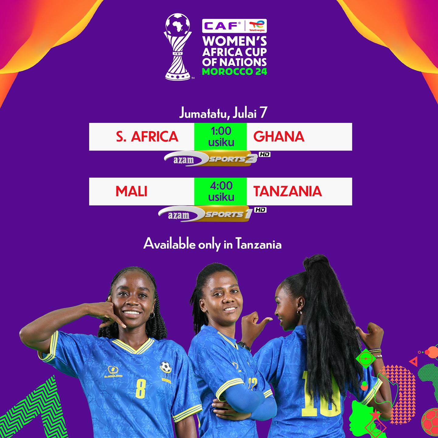 Michuano ya AFCON kwa Wanawake (WAFCON) inaendelea leo Jumatatu.
Saa 4:00 Usiku Twiga Stars wanaanza michuano hii kwa kucheza na Mali.
Mechi hii itaruka mbashara kupitia AzamSports1HD.
Ila mapema saa 1:00 usiku Afrika Kusini kukipiga na Ghana
Mchezo huu utaruka mbashara kupitia AzamSports3HD
Mechi hizi kuonekana kwa Tanzania Pekee.
#WAFCON #TwigaStars