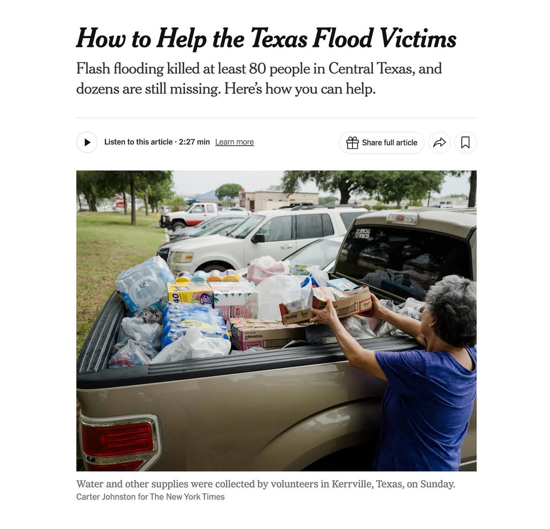 It’s been days since the floods hit Texas, and still so many are missing. My friends in Texas, I hope you & yours are safe. Sending love to everyone there. ❤️
PS: Here are some ways you can help storm survivors:
bit.ly/HelpTXFloodSurvivors
LINK IN BIO
#Texas #TX #texasflood