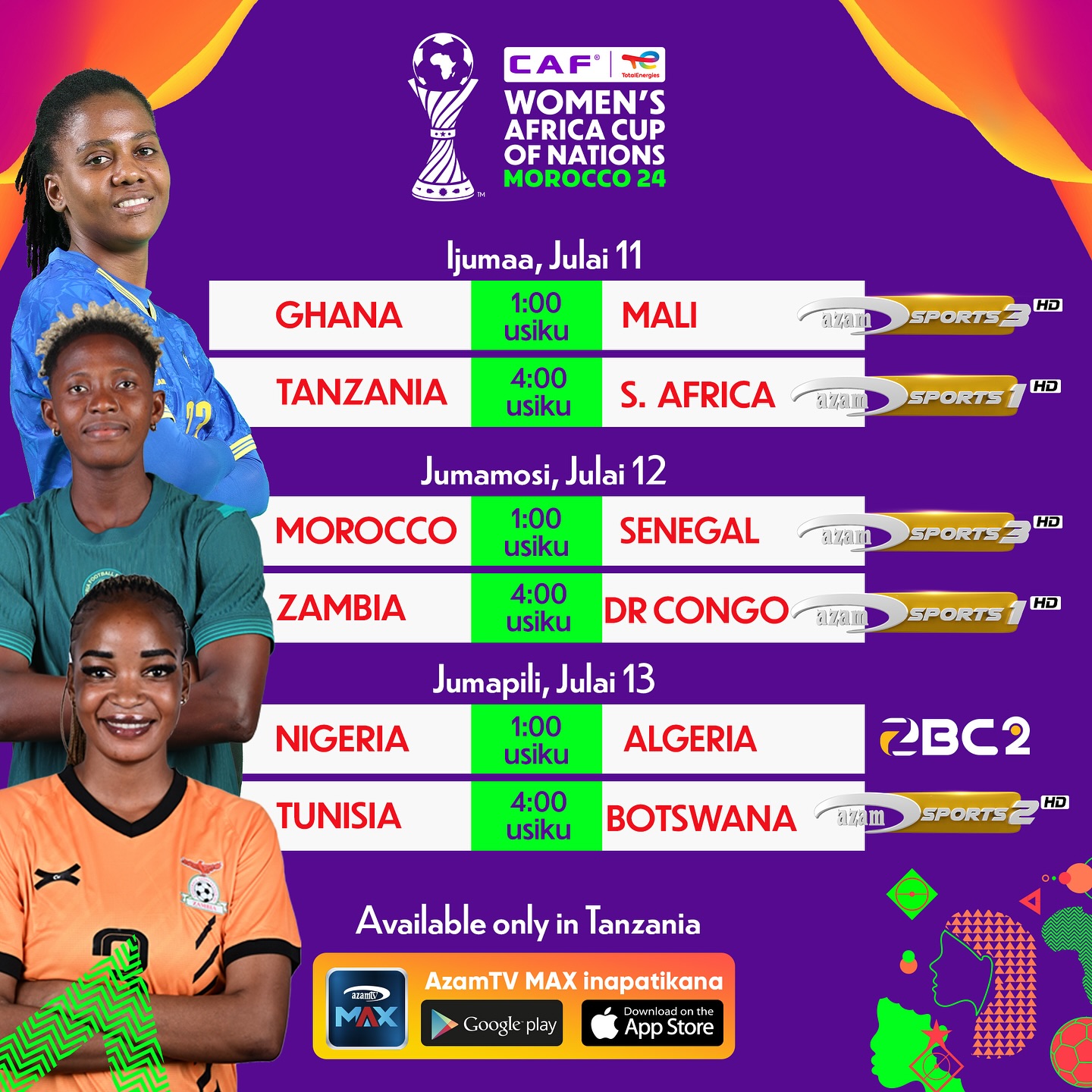 WAFCON inaendelea leo kwa mechi za Kundi C.
Saa 4:00 usiku, Twiga Stars kukipiga na Afrika Kusini.
Twiga Stars walianza kwa kupoteza mechi ya ufunguzi wakati Afrika Kusini walianza kwa ushindi. Twiga Stars wanahitaji kushinda mchezo huu ili kuweka hai nafasi ya kufuzu kwa hatua ya robo fainali.
Mapema saa 1:00 usiku, Ghana kucheza na Mali,
Ghana alipiga magoli mawili mechi iliyopita wakati Mali alishinda goli moja mechi iliyopita.
Je, Mali kuendelea kukusanya ushindi ama Ghana kurekebisha makosa na kupata ushindi?
Kwa kifurushi cha shilingi 28,000 unatazama michuano hii
#WAFCON #Twigastars
