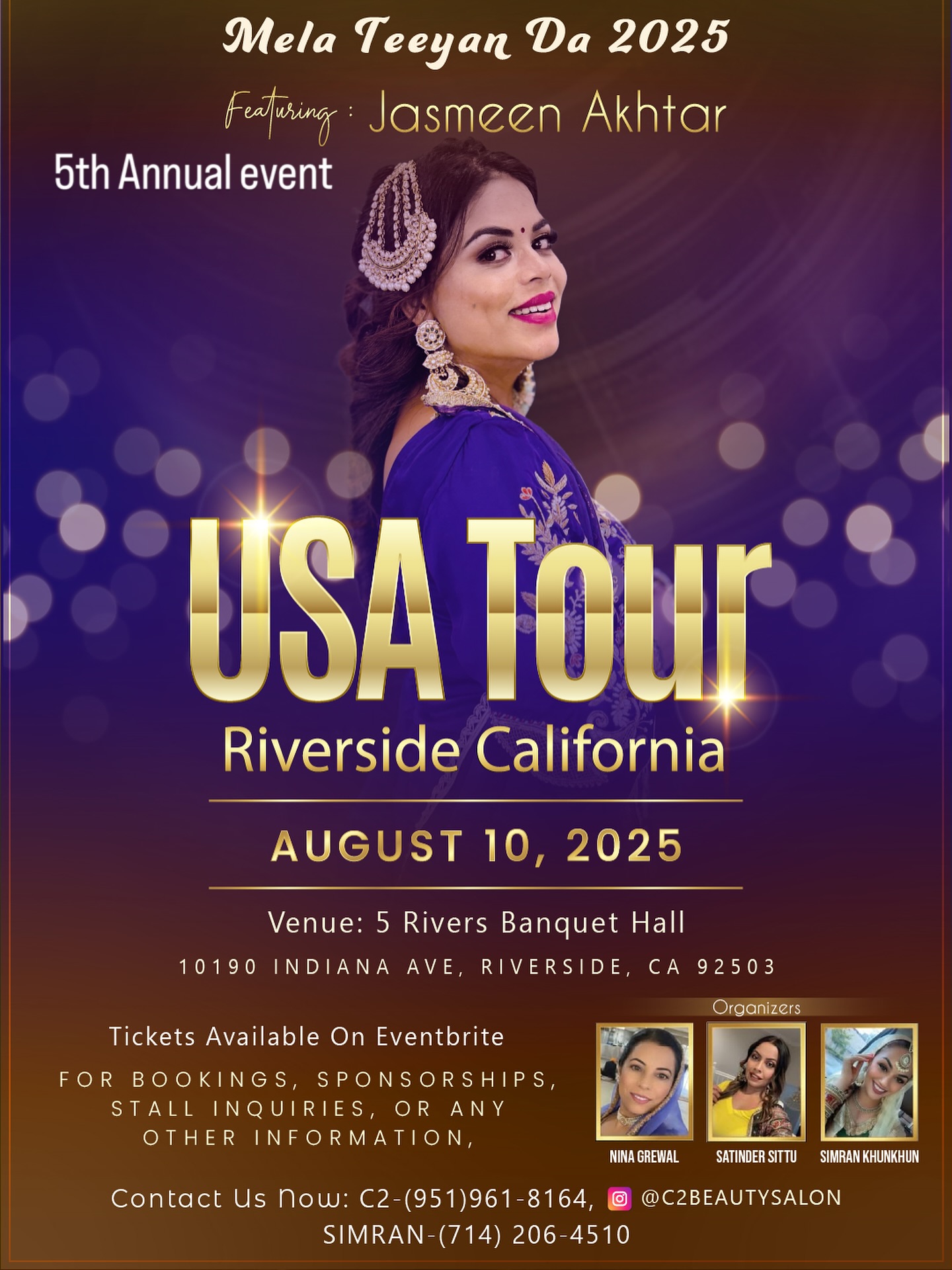 🌸 5th @mela_teeyan_da_riverside Da 2025 🌸
📍 5 River Banquet Hall, Riverside, CA
📅 August 10, 2025 Get ready to celebrate Punjabi culture, tradition, and sisterhood at the 5th Annual Mela Teeyan Da! Join us for an unforgettable afternoon filled with vibrant Gidha, folk singing, Punjabi boliyan, delicious traditional food, and cultural shopping – all under one roof. ✨ Highlights Include:
🎤 Live performances by Punjabi artist Jasmeen Akhtar @jasmeenakhtarofficial 💃 Gidha & cultural dances
Organized by @c2_beauty @n.grewal77 @xoxo__sim
Host @preetosawhneyofficial
Special appearance @kimi.verma
🛍️ Boutique stalls with ethnic fashion, jewelry & more
🍽️ Authentic Punjabi cuisine
📸 Photo booth & family-friendly fun This is a ladies-only event celebrating womanhood and Punjabi heritage. Don’t miss it! 📞 For more info & tickets: 951-961-8164
📍 Address: 5 River Banquet Hall, Riverside, California #Teeyan2025 #PunjabiCulture #MelaTeeyanDa #RiversideEvents #GidhaMela #PunjabiWomen #DesiEventsUSA #MannatProduction
🎥 Live Event Coverage
@mannatproduction4u