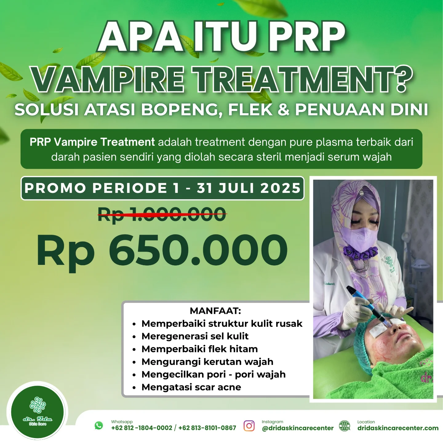 {PRP}
Rahasia kulit cantik alami yang aman dan efektif dengan pilihan treatment PRP / Facial Vampire....
Solusi atasi :
*Memperbaiki struktur kulit rusak
*Meregenerasi sel kulit memberikan efek anti aging
*Memperbaiki flek hitam
*Mengurangi kerutan wajah
*Mengecilkan pori - pori wajah
*Mengatasi scar acne / bopeng
Rawat Kulitmu dengan keajaiban alami, miliki kulit sehat tanpa bopeng, flek, glowing dan awet muda dengan treatment PRP....✨️🥳🎉⚘️🤗
#dridaskincare#klinikkecantikanbogor#produkamanbpom#perawatanwajah#prp#pilihantreatmentbopeng#treatmentporibesar#treatmentflekbekasjerawat#bebasflek#bebaspporibesar#bebasscaracne#kulitsehat#kulitbersinar#kulitglowing#menyala