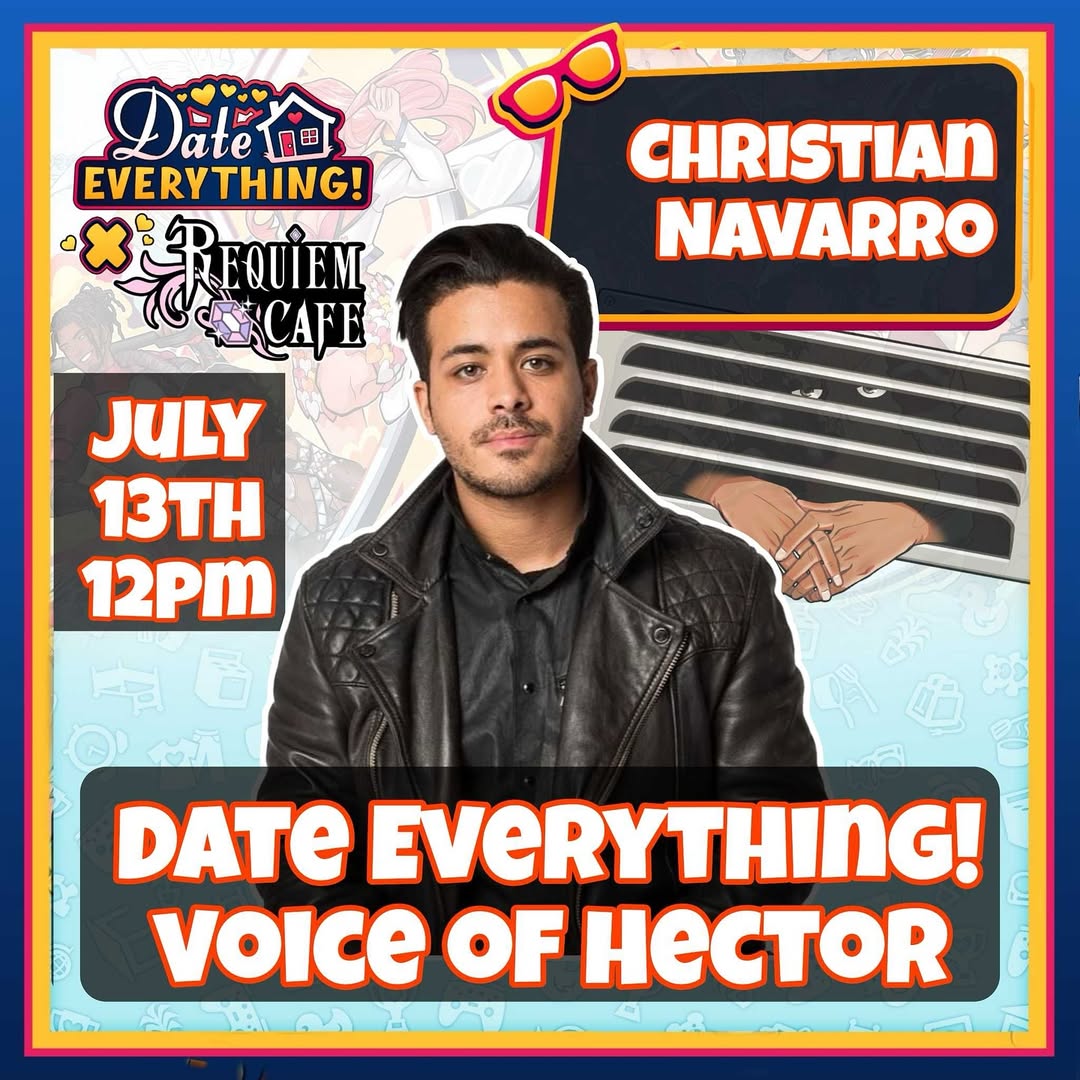 Christian Navarro, voice of Hector, will be at Requiem Cafe for the Official Date Everything! x Requiem Cafe collaboration on Sunday, July 13th at 12 pm.
Meet Christian, take photos with standees of dateables, and try limited edition themed drinks!
Requiem Cafe is located at 280S Clementine St, Anaheim, CA 92805, just off the 5 freeway, 4 blocks from Disneyland!
Hours are 12pm - 11 pm on Fridays & Saturdays, 12pm 10pm Monday - Thursday, and 12pm - 9pm on Sundays.
Parking validation is only available for Car Park 4, located at 150 S Clementine St, Anaheim, CA 92805. First two hours are free, the rest is charged at a discount.
We hope to see you there!
