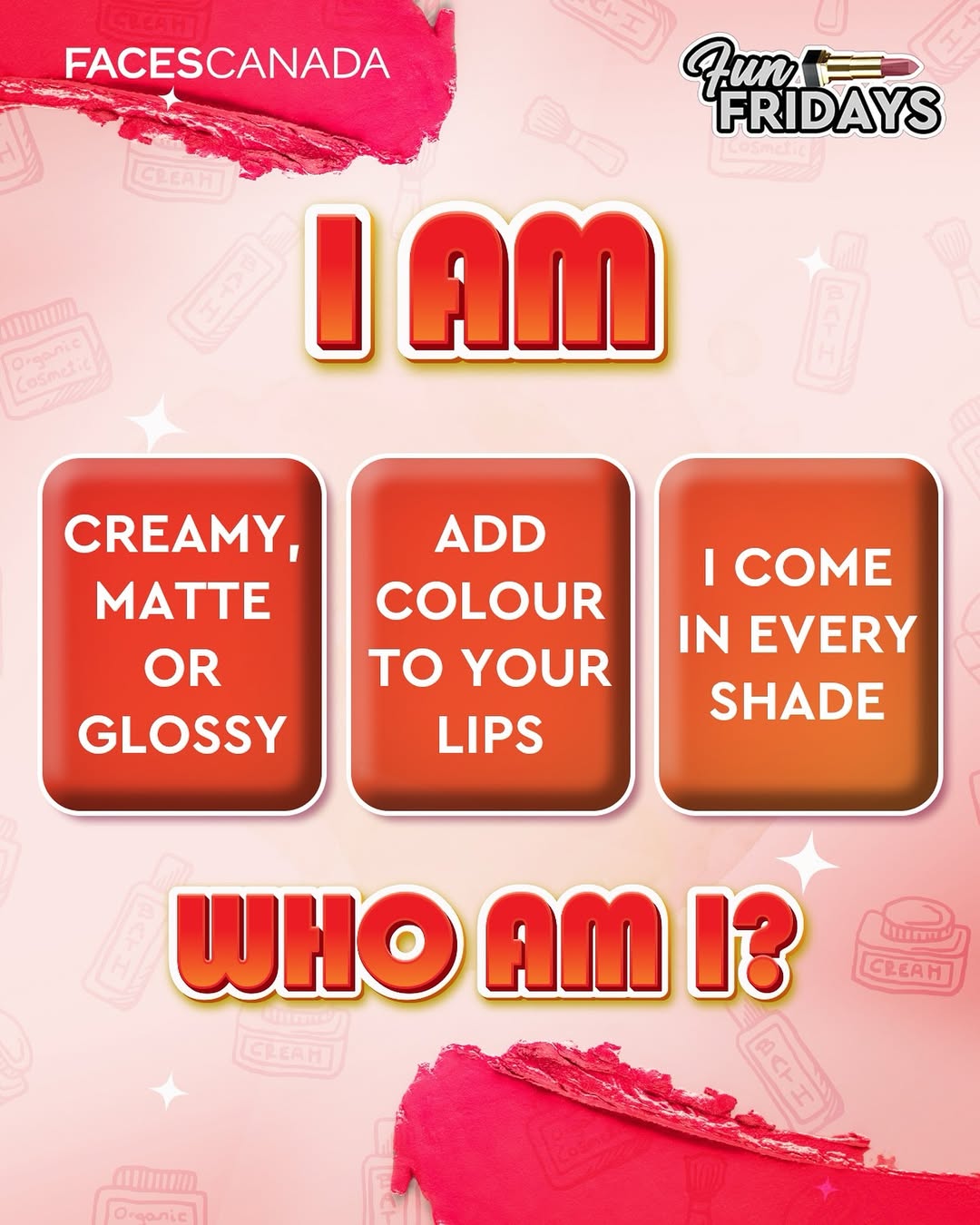 Guess me if you can! 👀💋
.
.
#FacesCanada #GameTime #Quiz #MakeupQuiz #Makeup #MakeupIndia #FunFridays #ForYouPage #MakeupEssentials