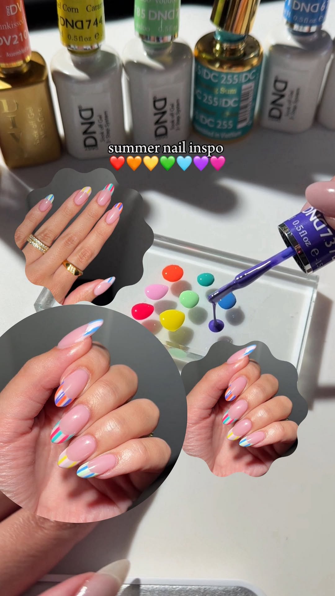Summer stripes ▰▰▰ >>> 💜🩵💛💖🧡
Recreate this nail art look by @kuypernailart using:
DC 2468 Bubblegum
DND 863 Wedding Veil
DND 785 Voodoo
DND 671 Blue Hawaiian
DC 268 Prom
DND 744 Caramel Corn
DC 255 Chasing Summer
DC 279 Coral Bells
DIVA 210 Sunkissed Coral
DND 737 Crushed Grape
#dndgelpolish #stripenails #nailart #gelpolish #summernails #nailsoftheday
