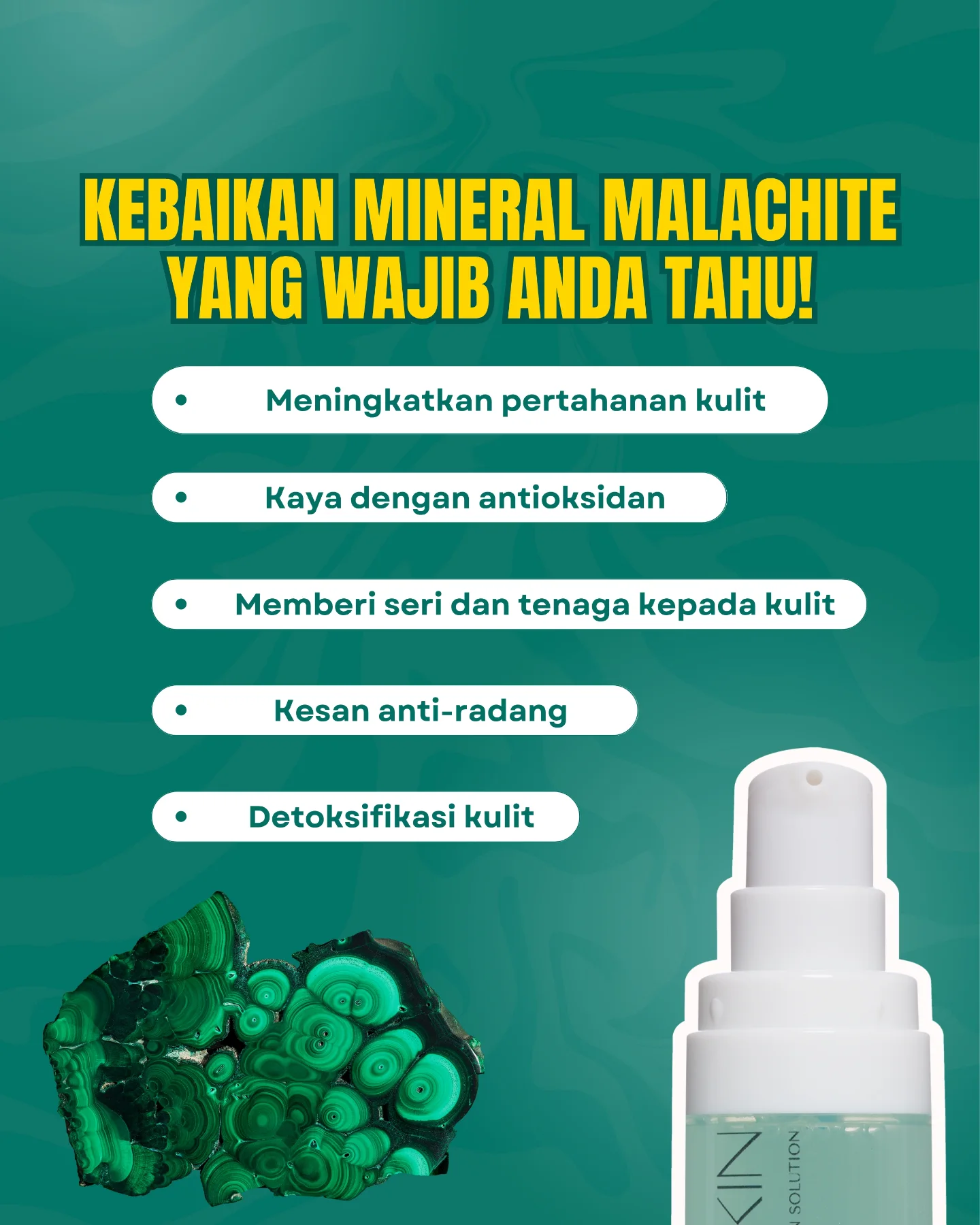 ✨ Mineral Malachite – Rahsia Kecantikan Kulit Anda! ✨
Tahukah anda, Malachite bukan sekadar cantik dipandang, tapi juga penuh manfaat untuk kulit?
💚 Meningkatkan pertahanan kulit
💚 Kaya dengan antioksidan
💚 Memberi seri & tenaga kepada kulit
💚 Kesan anti-radang
💚 Detoksifikasi kulit secara semula jadi
Bahan semula jadi, hasil yang luar biasa.
#MalaSkin #DrSkin #MineralMalachite