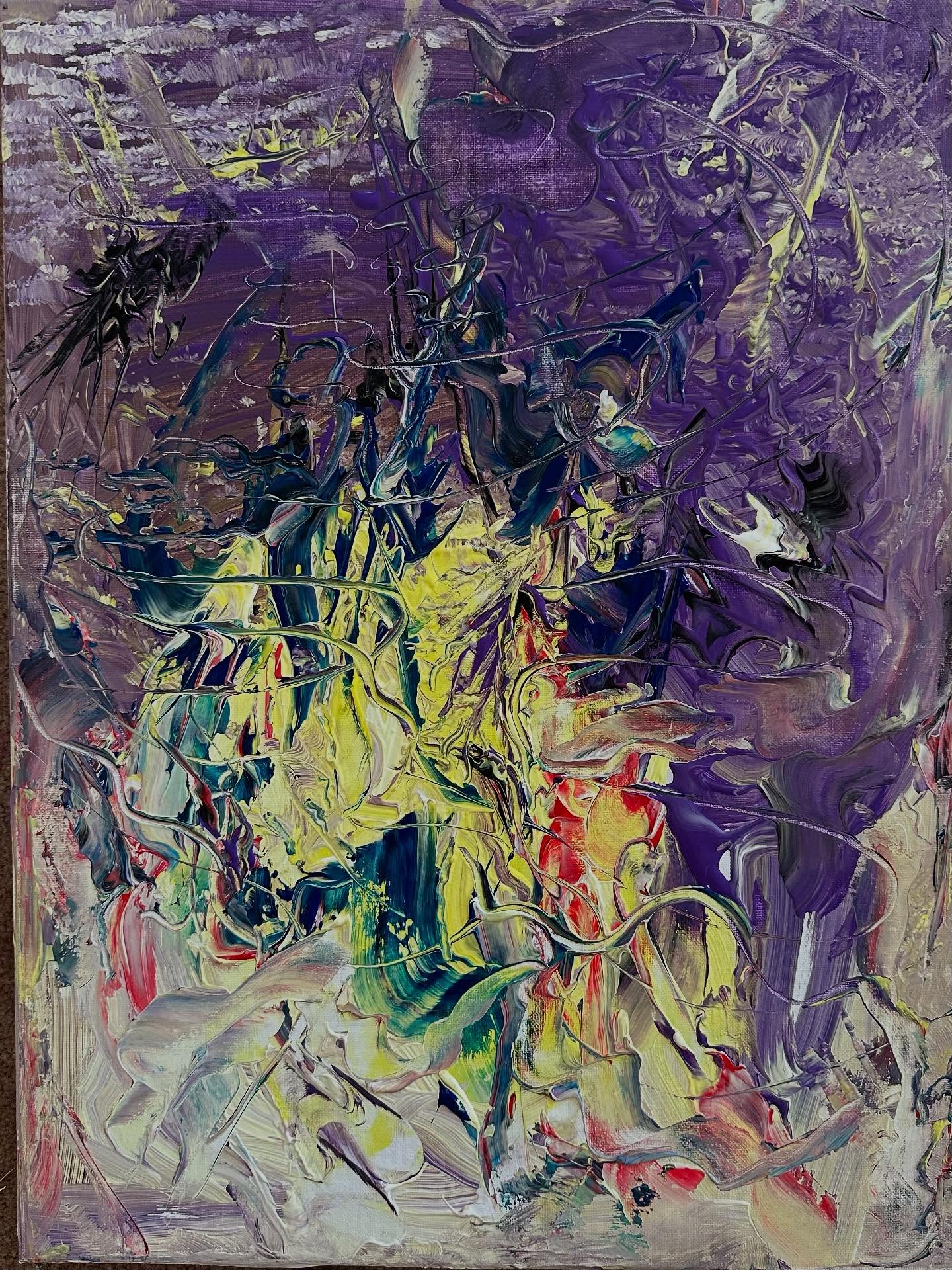 I have been pouring my heart out and while my heart has become tatteredly yellow and my world….purple - 2 contrasting colors can reveal many interpretations. I have mine . What is yours ? #abstractexpressionist#songwriter#designer#gardener