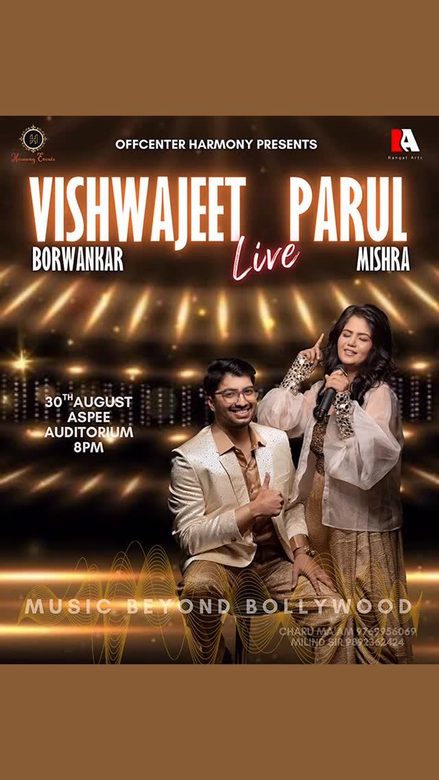 @vishwajeetborwankar & @parulmishra_official live, coming on 30th August 2025 at Aspee Auditorium Malad. Book your tickets now!
Tickets available on BookMyShow!
#liveshow #musicbeyondbollywood #livemusic #vishwajeetborwankar #parulmishra #aspeeauditorium