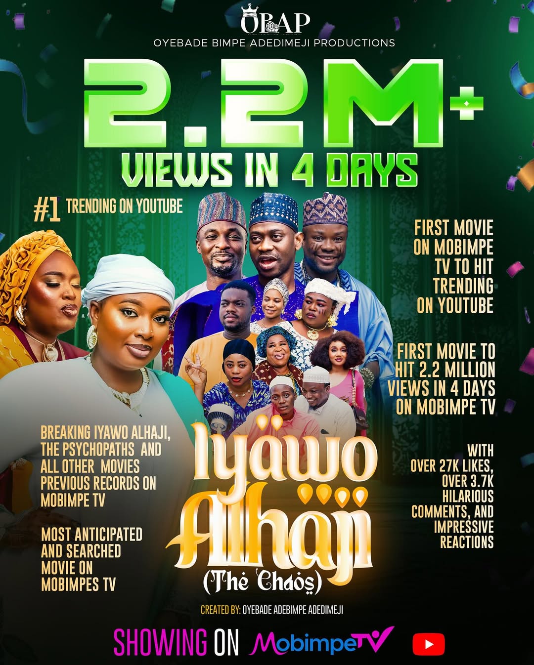 I have no words 😔
Just gratitude 🥹🥹🥹
I am just so grateful, thankful to you all 🥹
Thank you for the love and support over IYAWO ALHAJI 🙏🏼
The acceptance is a motivation to keep going , to keep giving premium, to keep getting better
We the team ,the director @iteledicon01 the ep @adedimejilateef
The Producer @mo_bimpe
Production Manager @iamteemony
DOP @officialcosmos27 & @only1ho2
Soundman: @femisoundtv
Script Supervisor: @teekay_scripty
Gaffer@kazeemtope62
Bts: @_real_mynah
PM 2: @officialbiodun_
Editor: @Editortunde
Asst Editor:@itz_Adekunle_West
Makeup @glitterstouch_makeovers
Set&props: @klasic.art @alnotions_ we all say a very big THANK YOU! Thank you so much for watching , thanks for sharing.
Let’s keep going ! IYAWO ALHAJI the movie is streaming only on Mobimpe tv ! Keep spreading the news ! Keep watching
We love yall ❤️💜❤️💜💜