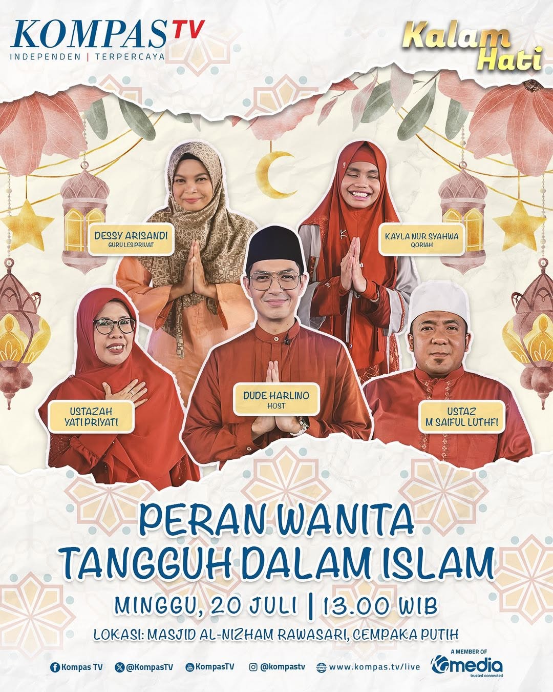 Assalamualaikum teman hati! Insya Allah besok siang kita akan silaturahmi bersama @dude2harlino Ustaz @mochsaifulluthfi Bunda @yatipriyati_ma @kayla_hafizindonesia2018 dan bintang tamu spesial Dessy Arisandi
Kisah atau peran wanita tangguh dalam islam memang sudah tergambar dalam kisah sahabat Rasul yaitu Nusaibah binti Ka’ab! Lalu seperti apa peran wanita tangguh di era sekarang? Saksikan hanya di #KalamHati besok siang pukul 13.00 WIB @kompastv