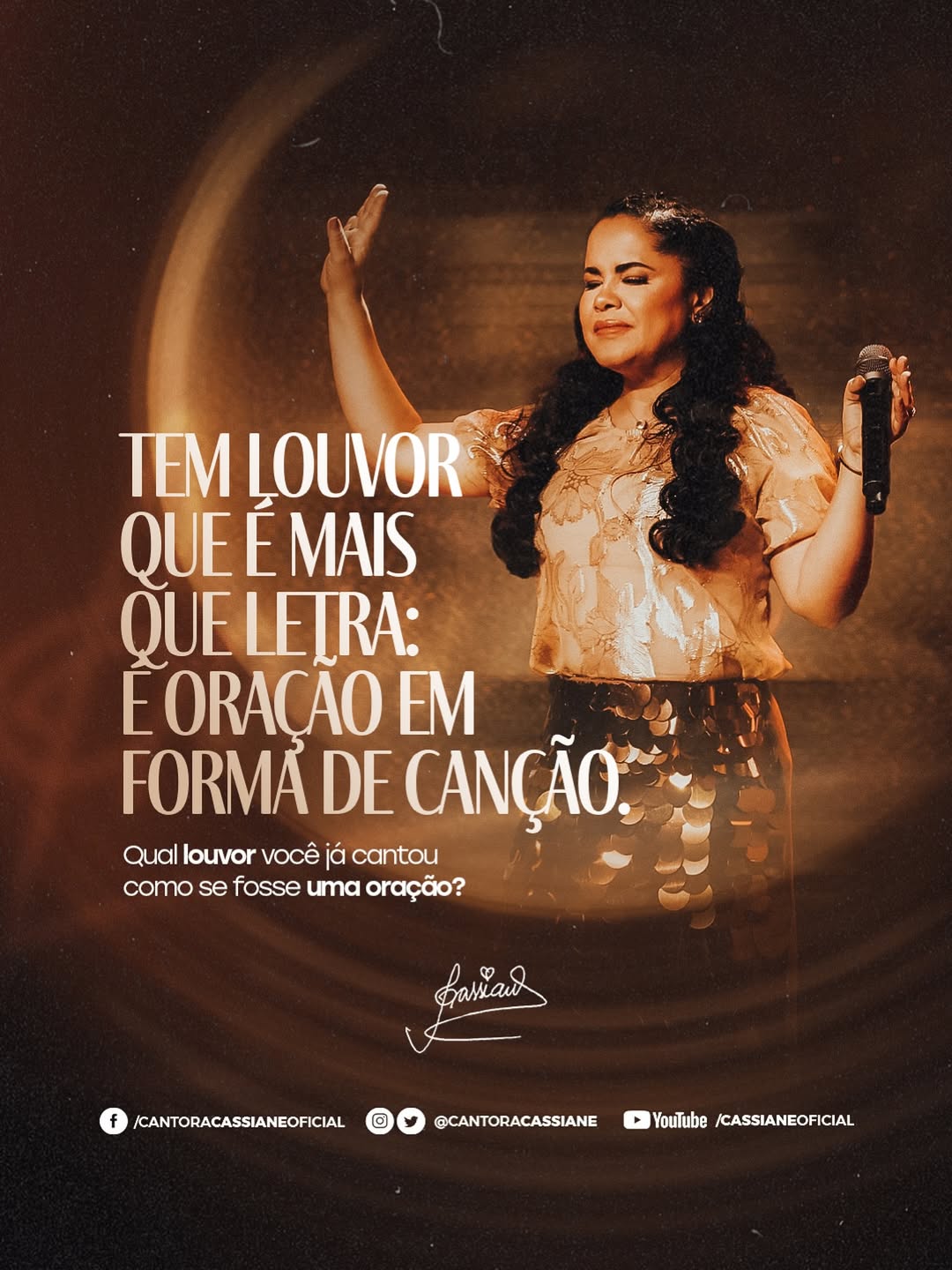 Tem louvor que não é só música…
É oração com melodia, entrega com acordes. 🎶
⠀
Sabe aquela canção que você já cantou chorando, com o coração apertado, como se estivesse orando?
É sobre isso. É sobre transformar a dor, o clamor e a gratidão em adoração.
⠀
Qual louvor virou oração na sua vida? Conta nos comentários. ❤️
⠀
#Cassiane #LouvorÉOração #Adoração #MúsicaGospel #CassianeOficial #OraçãoCantada #DeusFalaAtravésDoLouvor