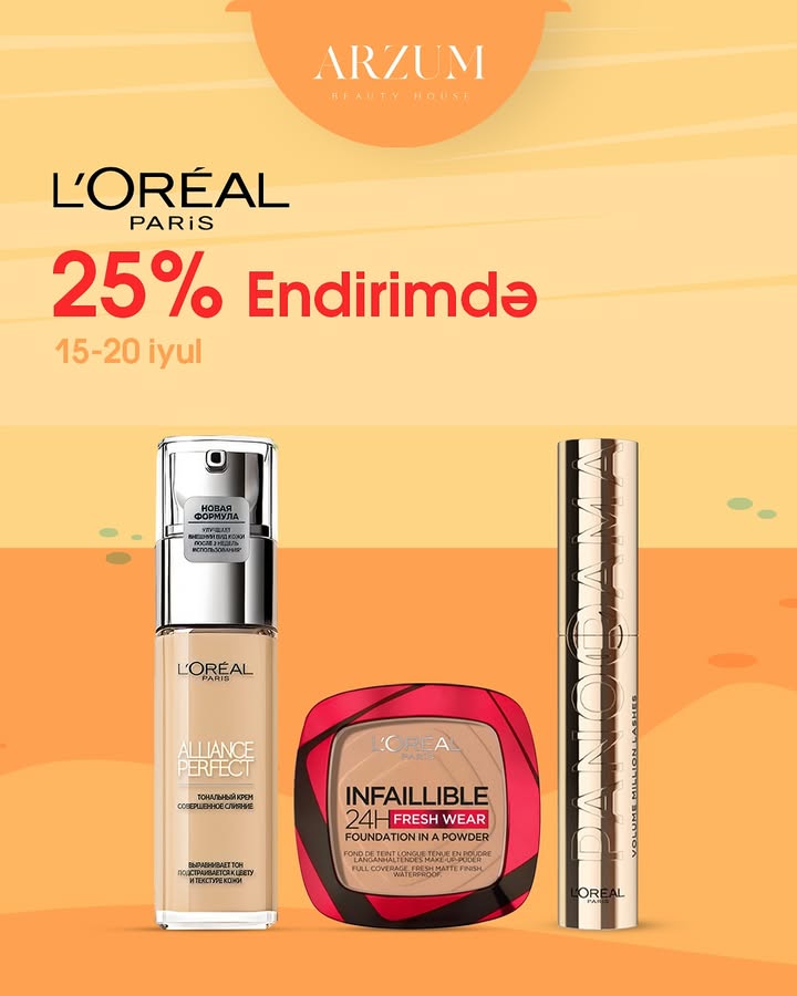 🎉 SUPER ENDİRİM!
L'Oréal məhsullarında -25% endirim başladı!
Əvvəlki qiymətlərlə indiki qiymətlər arasındakı fərq səni təəccübləndirəcək 💥
🖼️ Hər slaydda fərqli məhsul, fərqli fürsət!
🛍️ Gözəlliyə daha az xərclə sahib ol!