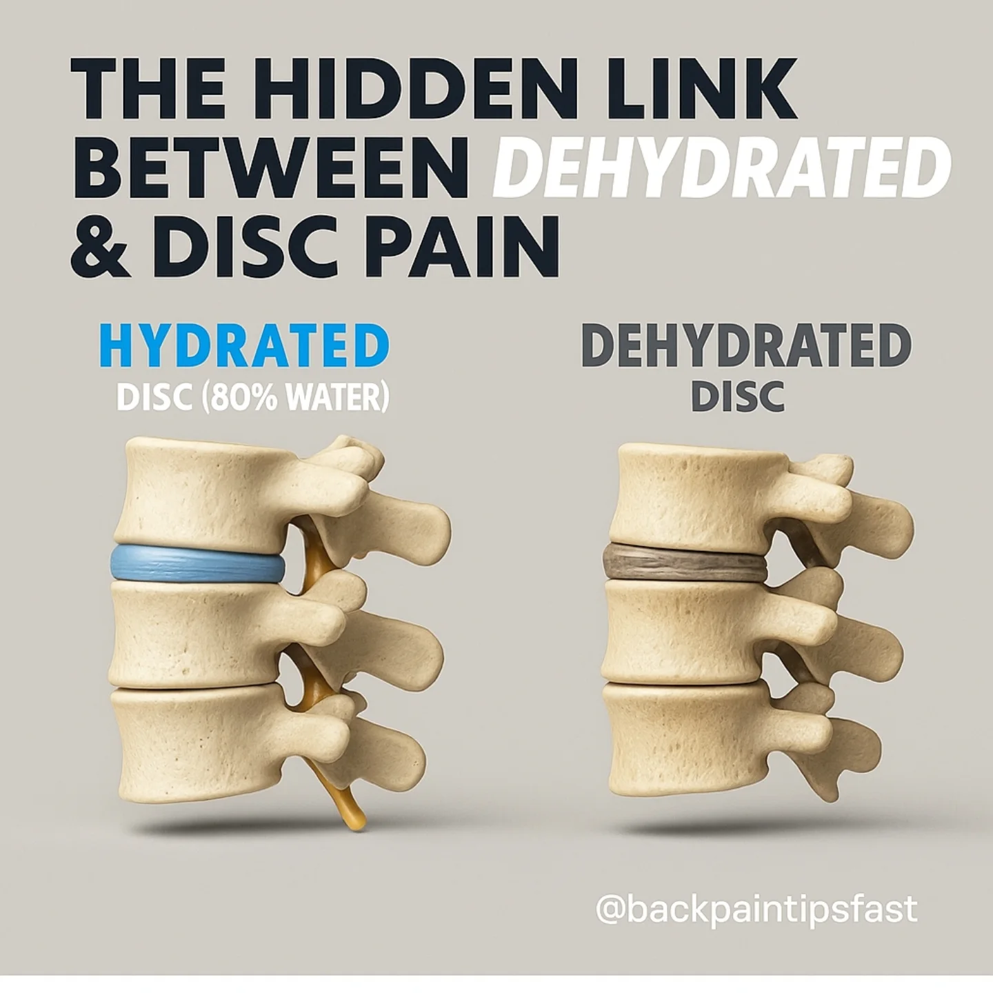 Most people think dehydration just makes you thirsty. But it could be the root cause of your back pain.
Your spinal discs—those soft, shock-absorbing cushions between your vertebrae—are made up of nearly 80% water. When you're dehydrated, these discs shrink, lose elasticity, and offer less protection against compression and impact.
Over time, that means:
Less cushioning during movement
Higher risk of disc degeneration and herniation
Increased stiffness, tension, and pain
If your back aches, don't just look at your posture or your mattress—start with your water bottle.
Hydration isn’t optional. It’s spinal insurance.