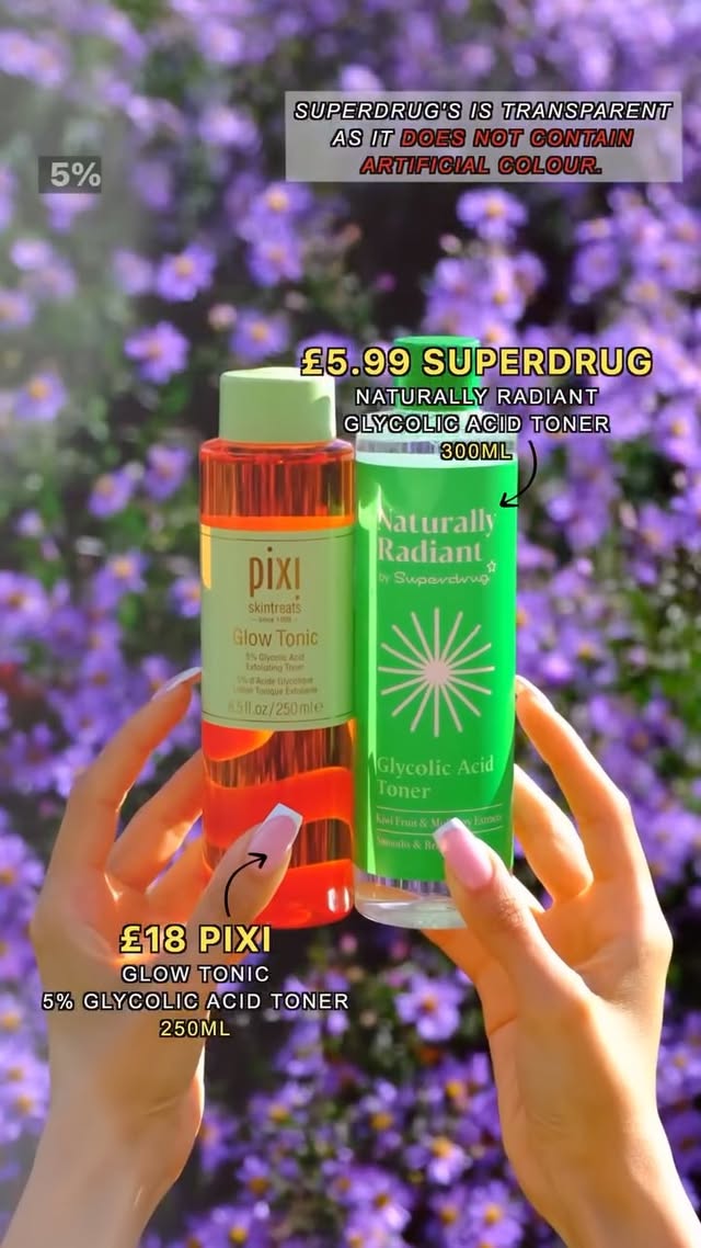 They already know!! 🦠
Here’s the ☕️:
1 bottle of Pixi Glow Tonic is sold every 60 seconds!
The affordable Superdrug Naturally Radiant Glycolic Acid Toner contains the star ingredient in the Pixi Glow Tonic; the 5% Glycolic Acid - which is proven to boost collagen production, brighten and evens out skin tone, removes dead skin cells whilst maintaining hydration, reduces pores and fights face and body acne. It also helps to regulate oil production and helps minimise ingrown hairs.
SIMILARITIES:
✅ Both toners provide incredibly similar results as they contains lots of the same key ingredients such as:
- 5% Glycolic Acid
- Hannaelis Virginia Water
- Fruit extracts
- Root extracts
- Glycerin
✅ Both toners are also made in the UK
✅ Both toners have refreshing spa-like scents
✅ Both are alcohol-free and non-drying
DIFFERENCES:
🔺The Pixi toner contains an artificial red colorant whilst the Superdrug does not and is transparent in colour.
🌱 The Superdrug toner does not contain Aloe Vera Juice which is soothing whilst the Pixi does HOWEVER the Superdrug toner provides soothing benefits from Allantoin which is a natural plant extract.
Tips on how and when to use a toner in your skincare routine:
1. Pour the toner onto a cotton pad and swipe those across your cleansed face and neck and/or body (avoid the lip & eye area and delicate areas).
2. Allow the toner to absorb into the skin for a few minutes before applying moisturiser.
3. CAN BE USED AM & PM, however as it is an exfoliant that renews the skin you must wear use SPF protection during the day.
As with all our reviews, you can find the full in depth review on our site. We brought these products ourself and we were not gifted or sent any items. Our team of cosmetic experts tested and vetted both products against multiple high-end products, before publishing the findings for Superdrug and our incredible community. We hope you found this content helpful 💛
#skincarecommunity #acneproneskin #adultacne #glycolicacid #skincarejunkie #bodyskincare #smoothskin #oilyskin #dryskin #matureskin #theordinaryskincare #toner #dullskin #affordableskincare #mumhacks #superdrug #acnehelp #britishhumour #skincarereview