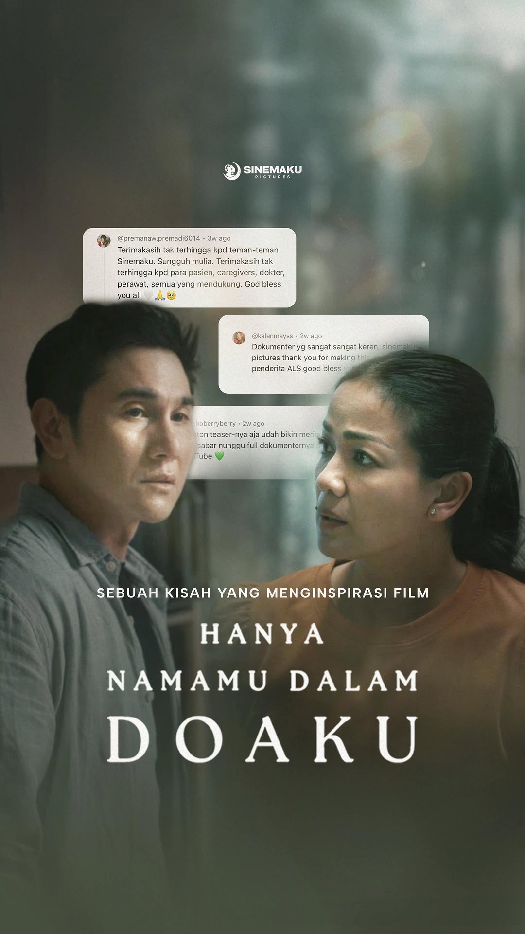 Terima kasih untuk setiap pejuang ALS dan para caregiver yang tak pernah lelah merawat dengan cinta. Perjalanan kalian mengajarkan kami arti ketulusan dan kekuatan yang sesungguhnya.
Lewat film Hanya Namamu Dalam Doaku, kami mencoba menyuarakan kisah yang selama ini mungkin tak terdengar.
⠀
Nantikan film Hanya Namamu Dalam Doaku 21 Agustus 2025 di bioskop 💚
#HanyaNamamuDalamDoaku #HNDD #MencintaimuDalamDoa